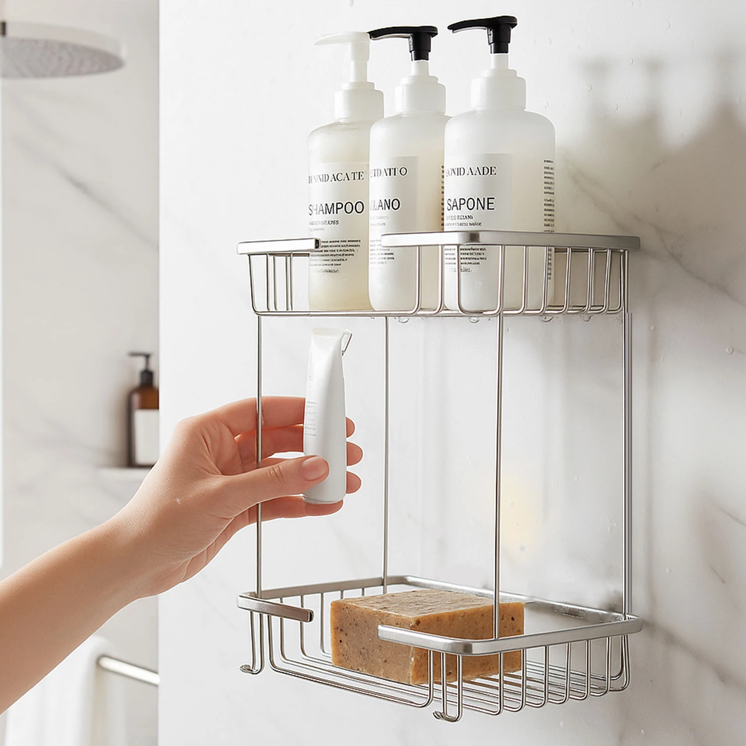 İki Katlı Krom Banyo Şampuanlık Kare Tasarım Çift Kat Duş Rafı Paslanmaz Metal Duvar Organizeri