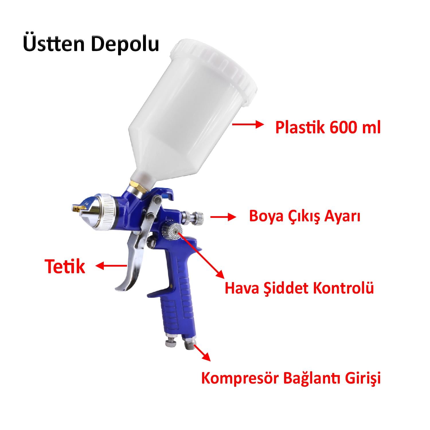 Metal Ahşap Plastik Yüzey Boyama Tabancası Üstten Depolu Havalı Boya Tabanca 600 ml 1.7 mm Uç