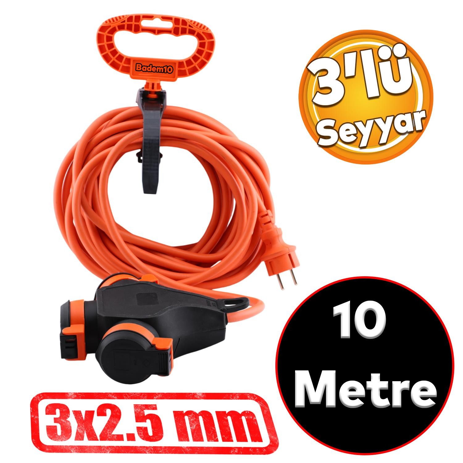 Bylion Monofaze Çoğaltıcı Seyyar Topraklı 3'lü Grup Priz Fiş 10 Metre Çoklu Asmalı Uzatma Kablosu 3x2.5 mm