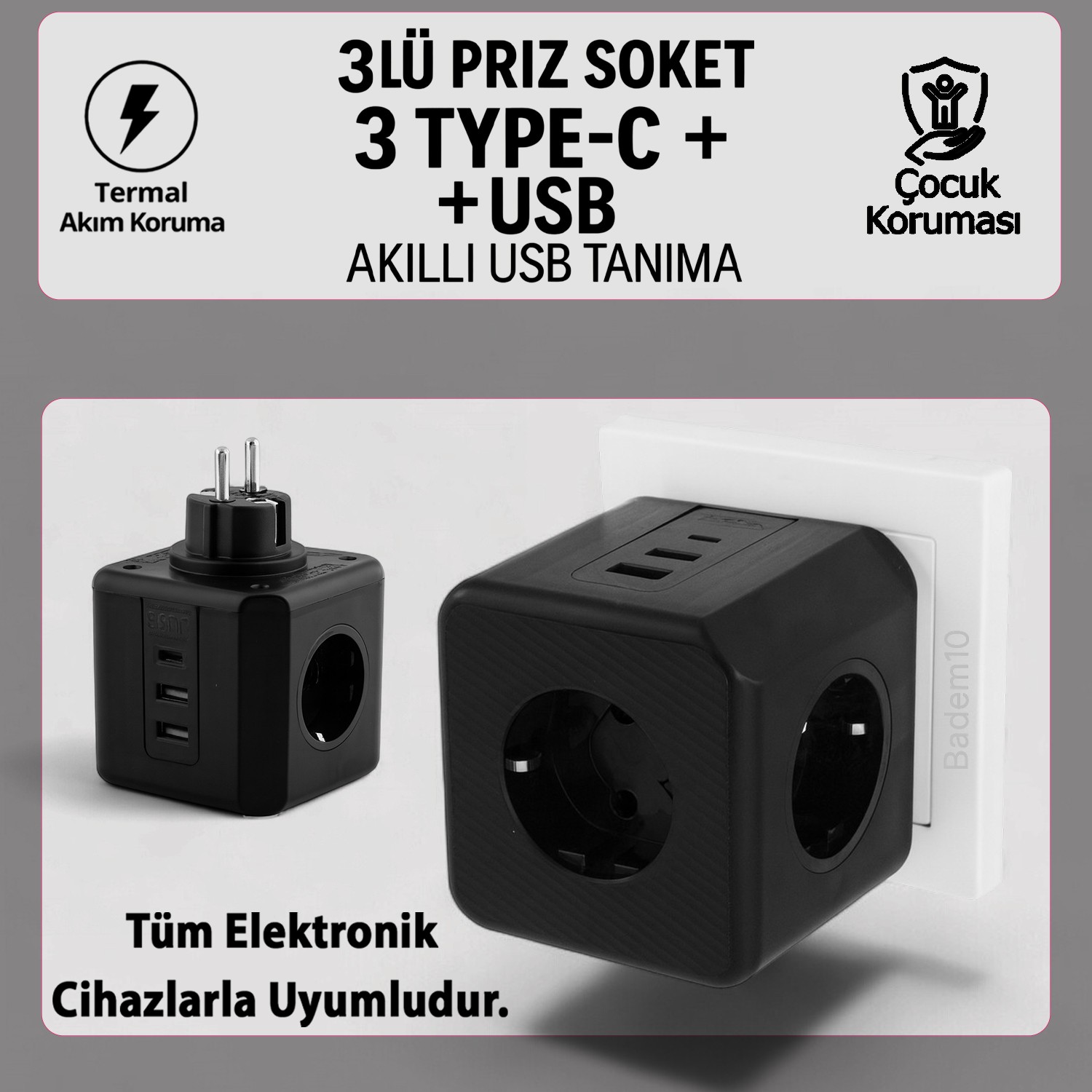 3 Prizli 2 USB + 1 Type-C Çocuk Termal Kısa Devre Akım Korumalı Topraklı Golyat Grup Şarj Fiş Priz