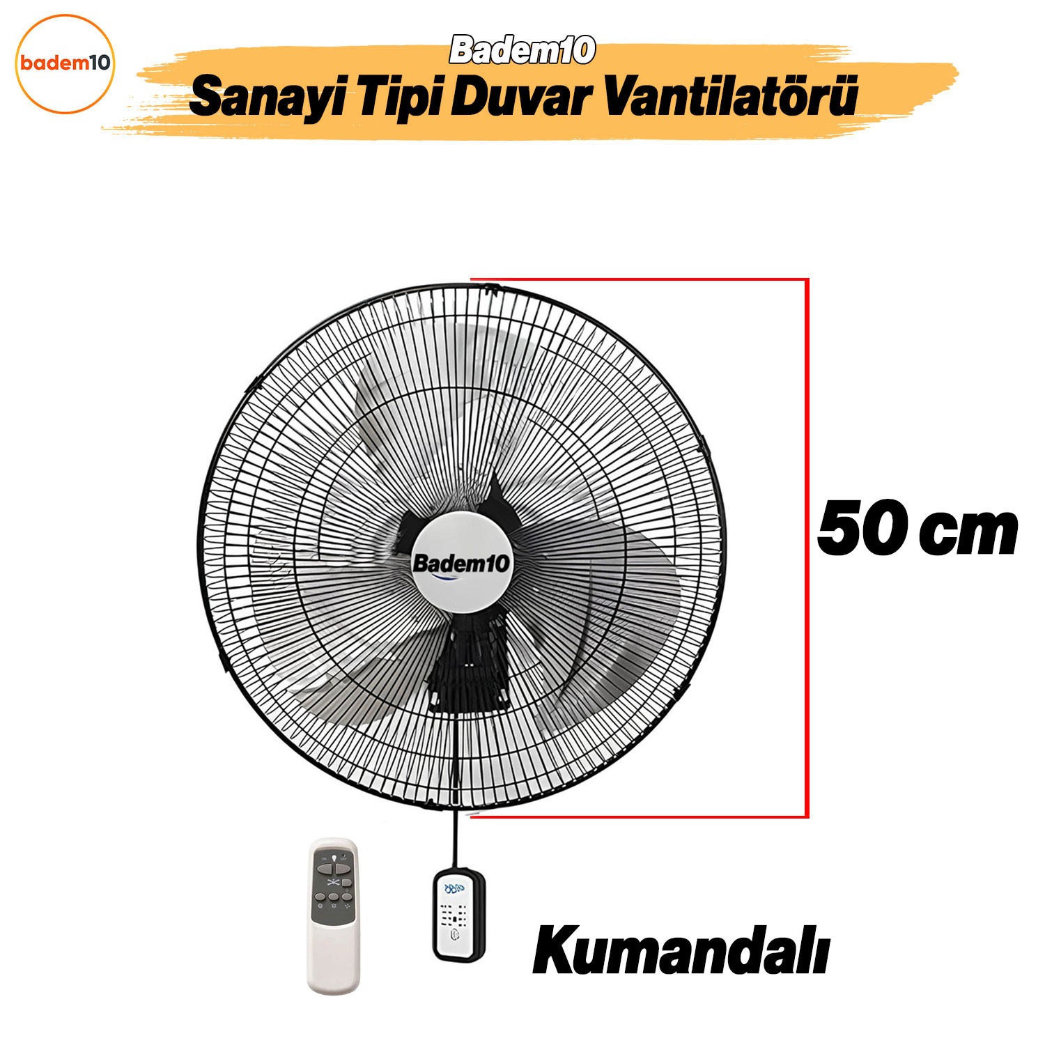 Sanayi Tipi Kumandalı 50 cm 130 W Duvar Vantilatörü Endüstriyel Sessiz Duvara Monte Fan