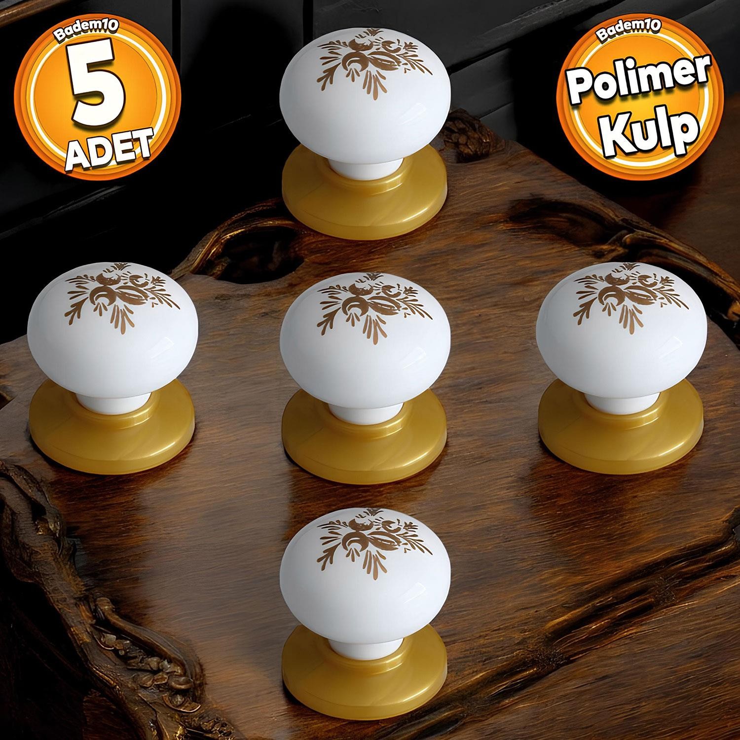 Polimer Düğme Kulp Desenli Beyaz Tablalı Gold Mobilya Mutfak Dolabı Çekmece Dolap Kulpu Kulbu 5 ADET