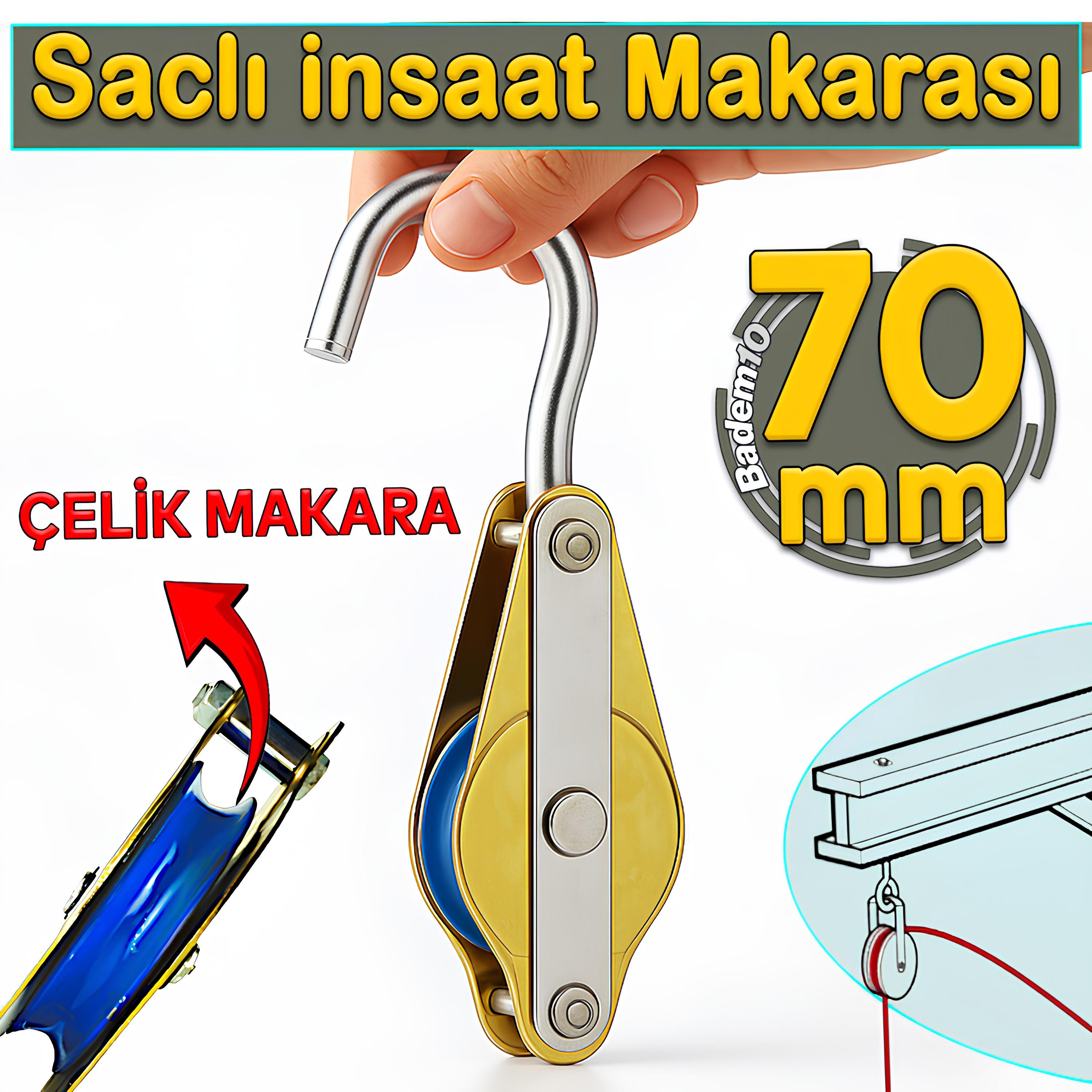 70 mm Saclı İnşaat Makarası Halatlı Kanca Kasnak Tavan Vinç Kasnağı Yük Taşıma Makara 