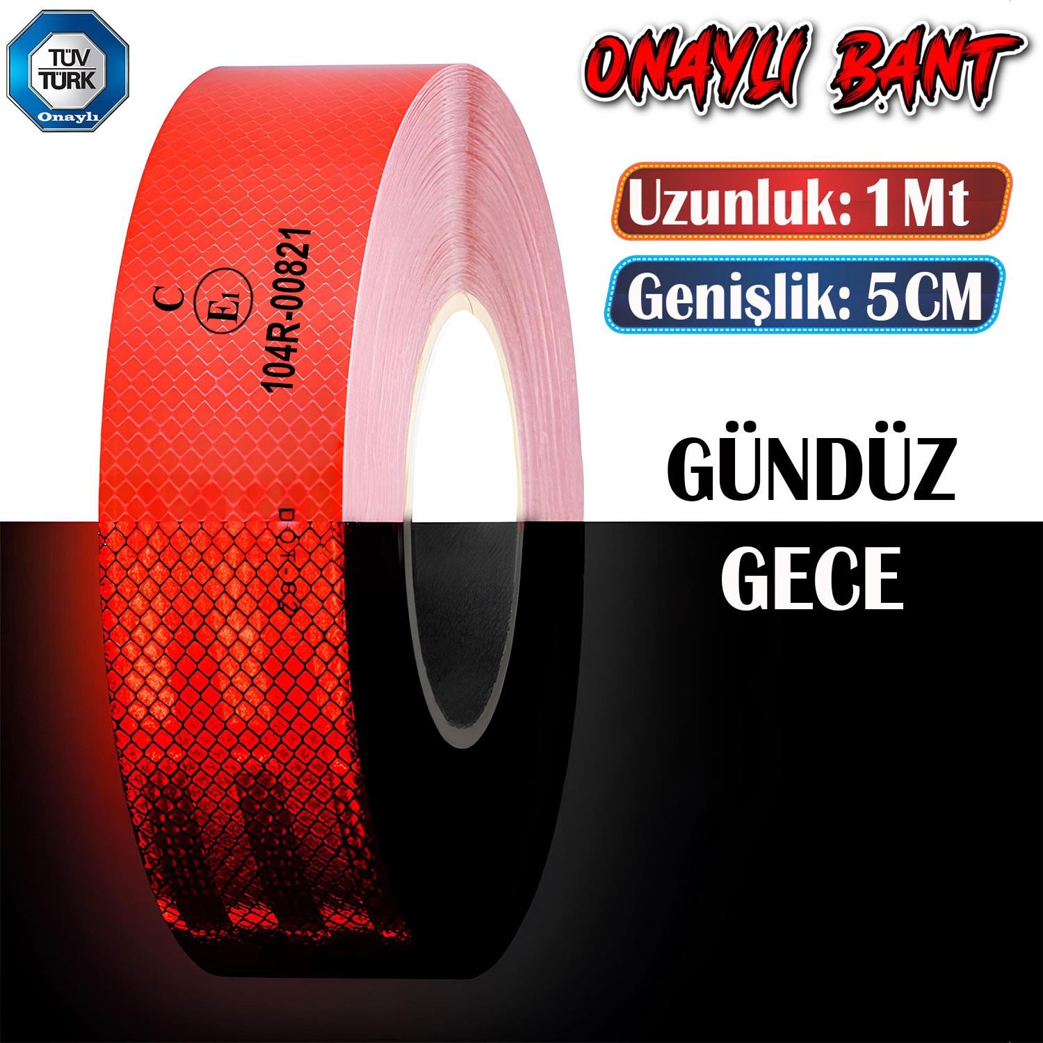 Tüvtürk Onaylı Bant Kırmızı 1 Metre 5 cm Belgeli Reflektörlü Reflektif Fosforlu Şerit Bant İkaz Bandı