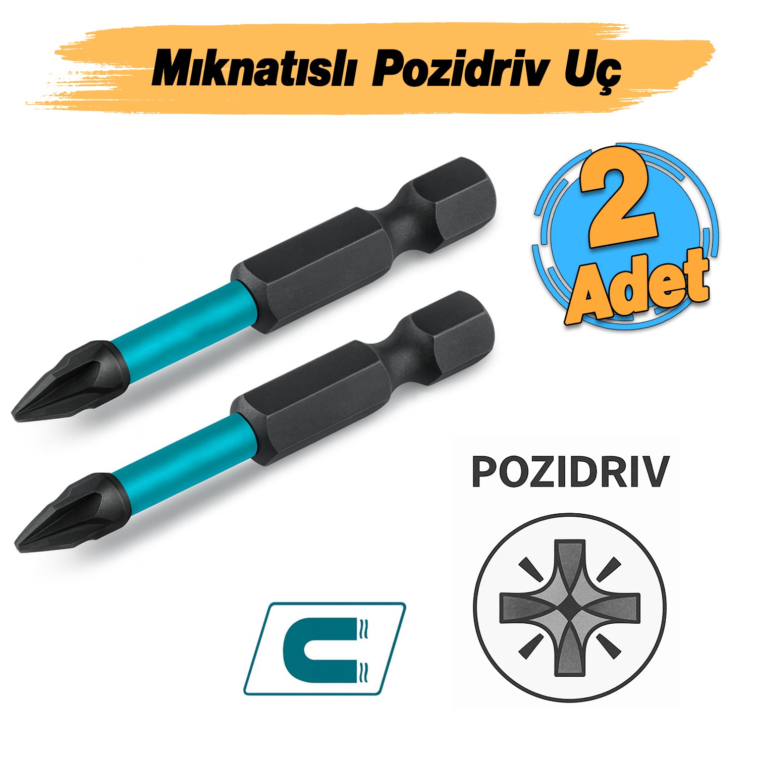 Pozidriv Uç (2 Adet) Mıknatıslı Bits Pz2 50 mm Vida Sökme 5 Cm Yıldız Matkap Vidalama Ucu S2 Çeliği