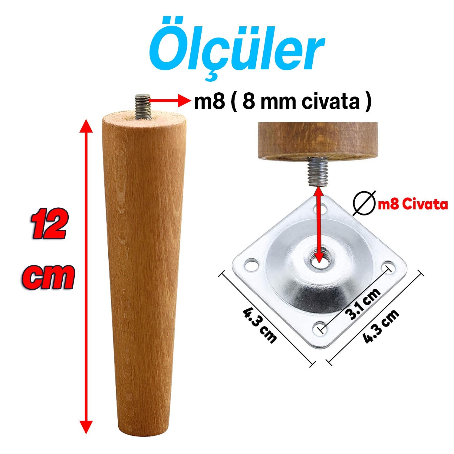 Ahşap 12 cm Ahşap Ayak Bağlantı Aparatlı Mobilya Koltuk Kanepe Sehpa Masa Ayağı Ayakları M8 Civatalı