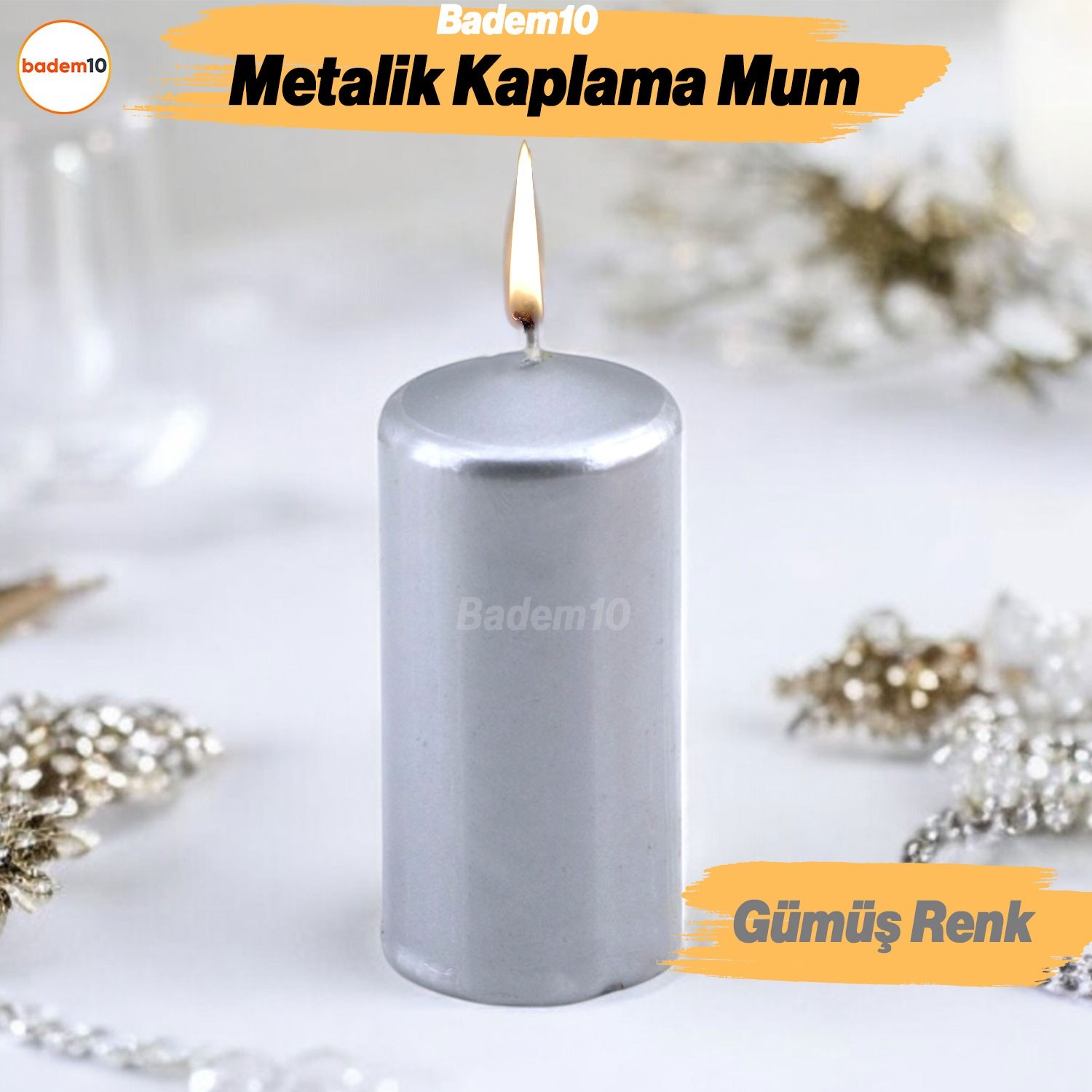 Baton Mum Metalik Kaplama Gümüş Silindir Dekoratif Mumu Kandil Hediyelik Mumlar Şamdan Kokusuz 8 cm