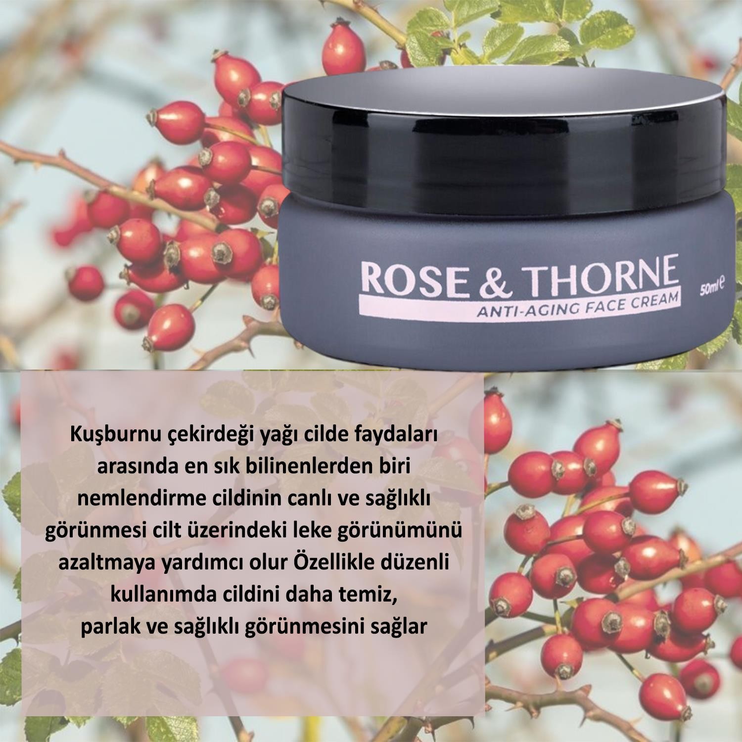 Rose Thorne 50 Ml Yaşlanma Karşıtı Yüz Bakım Kremi Nemlendirici Rosehip Yağ Hyalüronik Asit Kolajen