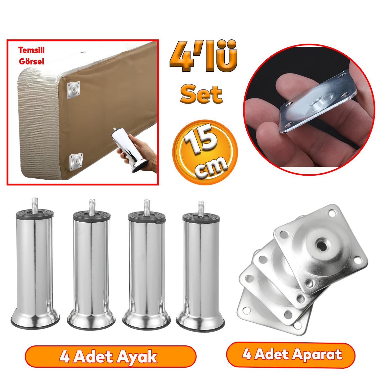 Mobilya Kanepe Baza Koltuk Çekyat 15 Cm Krom Metal Yükseltme Ayağı Ayakları M8 Aparatlı 4'lü Set