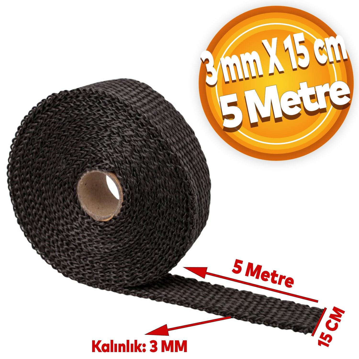 Cam Elyaf Egzoz Sargısı Yanmaz Bant 3 mm X 15 Cm 5 Metre Amyant Bant Siyah Sıcaklık Önler Bant