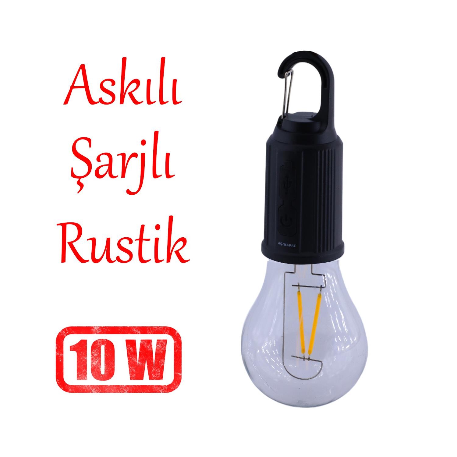 Rustik Taşınabilir Şarjlı Tasarruflu Ampul 10W Led Lamba Type-c Şarj Askılı Asma Aydınlatma