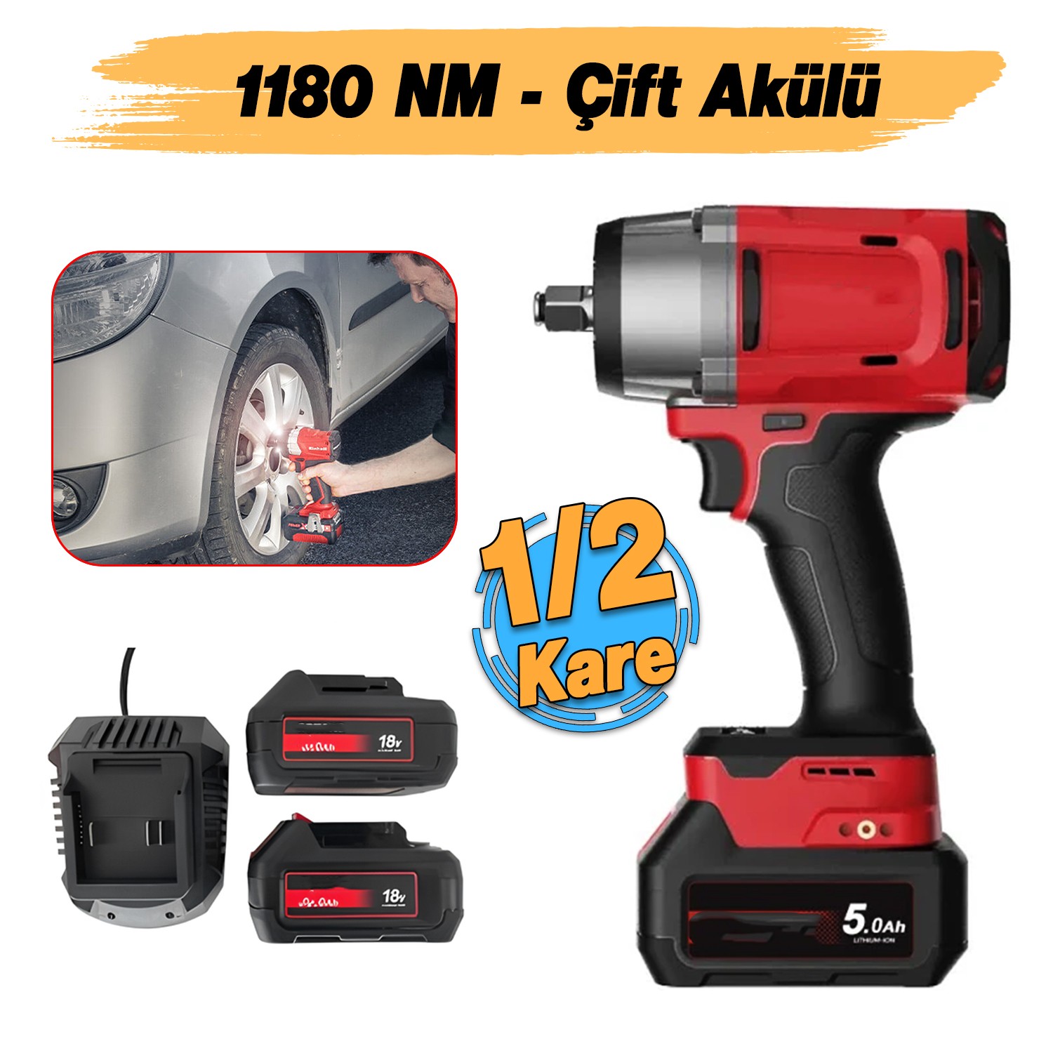 Şarjlı Çift Akülü Darbeli Somun Sıkma 1/2 Sökme Tabanca 1180 Nm Tork Teker Bijon 2300 BPM 18 Volt