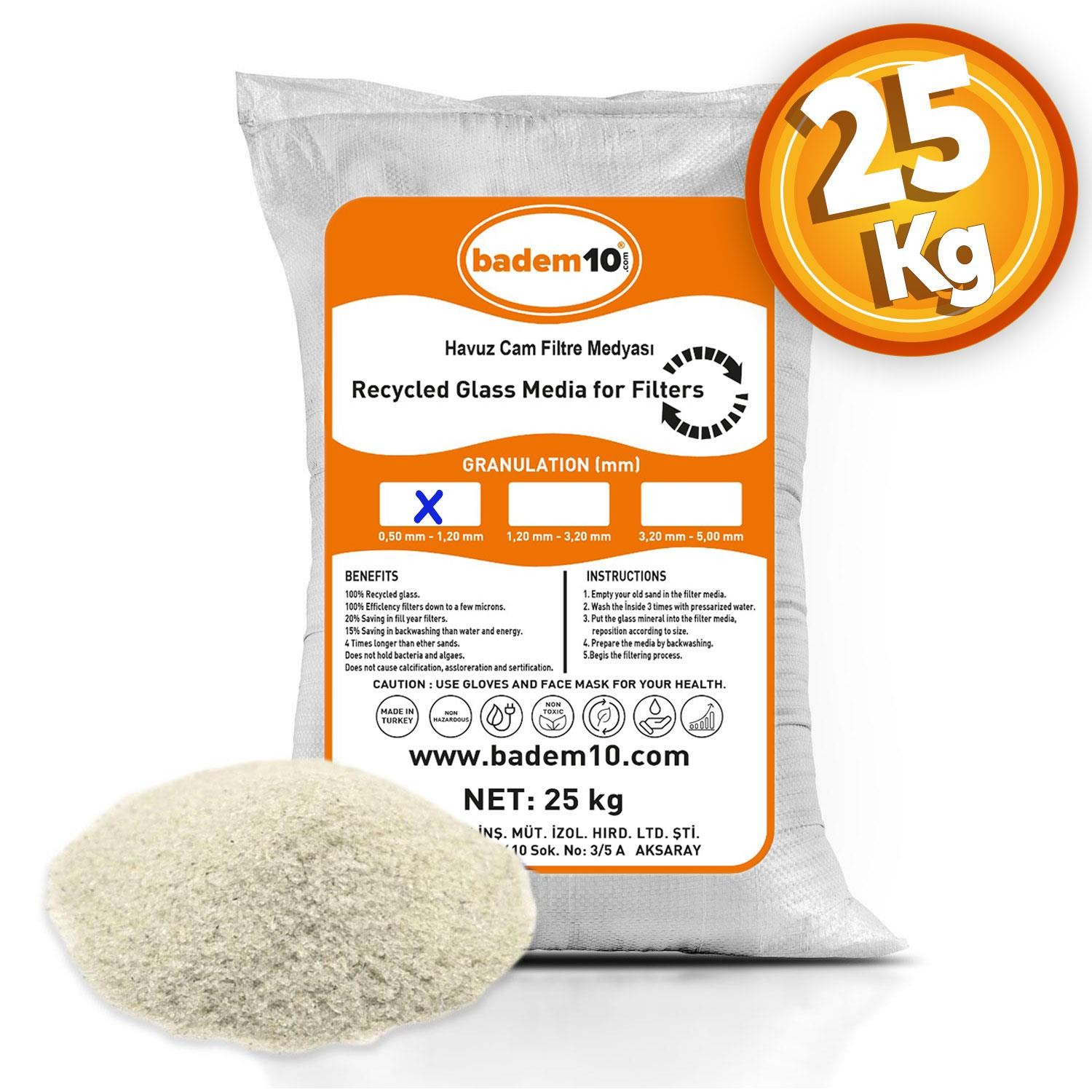25 Kg Cam Filtre Medyası (0.50-1.20 mm) Havuz Filitre Temizleme Su Arıtma Filtrasyon Filtreleme Kumu