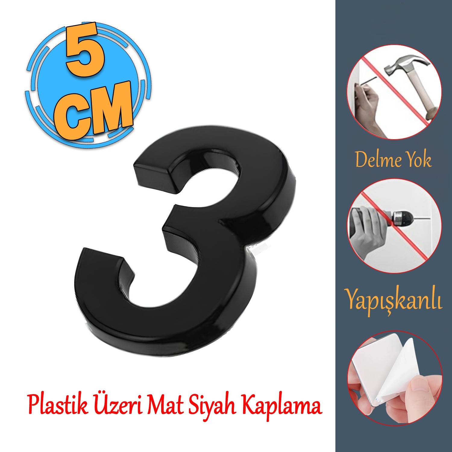 Yapışkanlı Kapı Numarası Küçük Boy 50 mm 5 cm Numara 3 Rakam Üç Sayısı Siyah Renk Numaralar 1 Adet