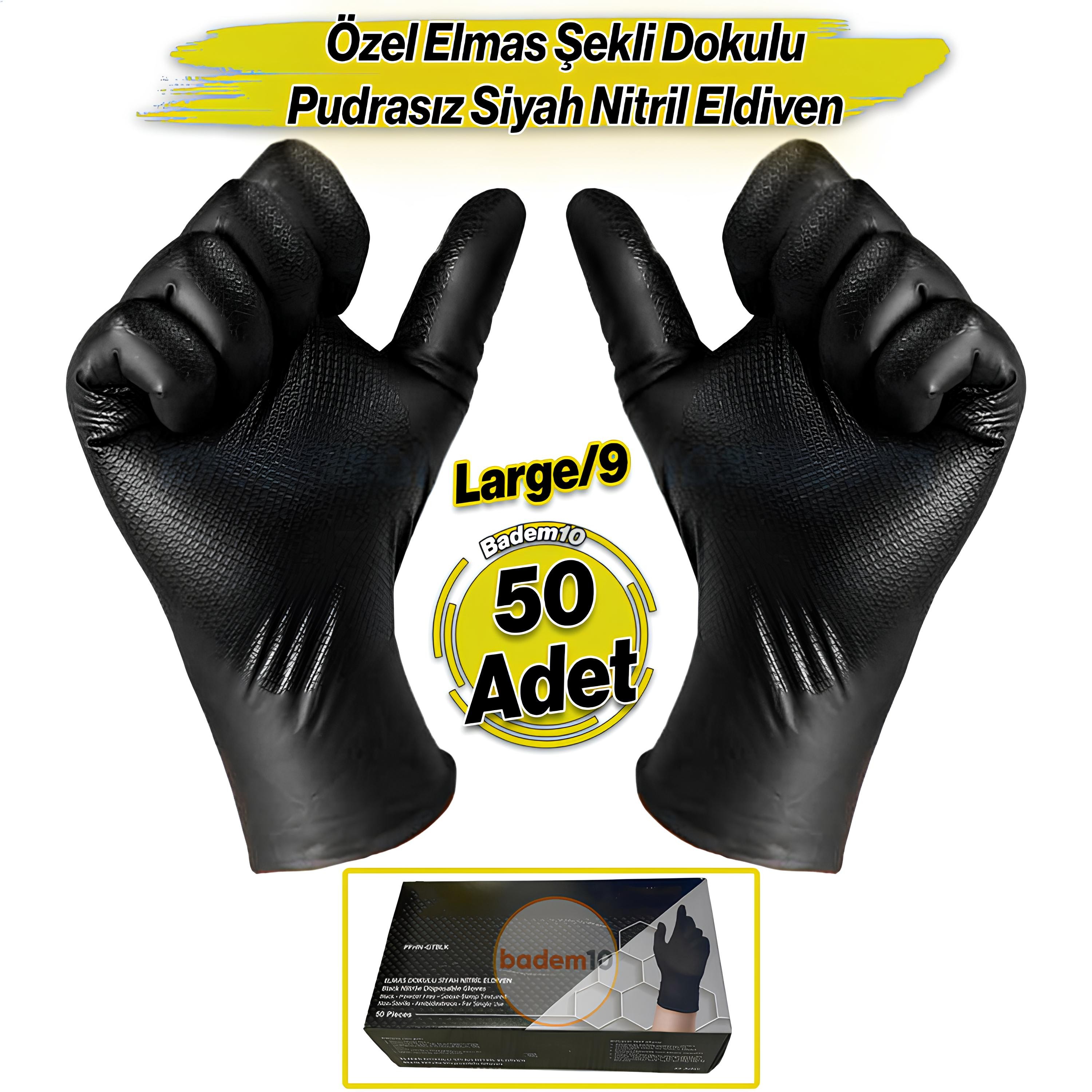 Elmas Dokulu 25 Çift 50 Adet Siyah L Beden 9 Numara Kalın Hijyenik Pudrasız Nitril Muayene Eldiveni
