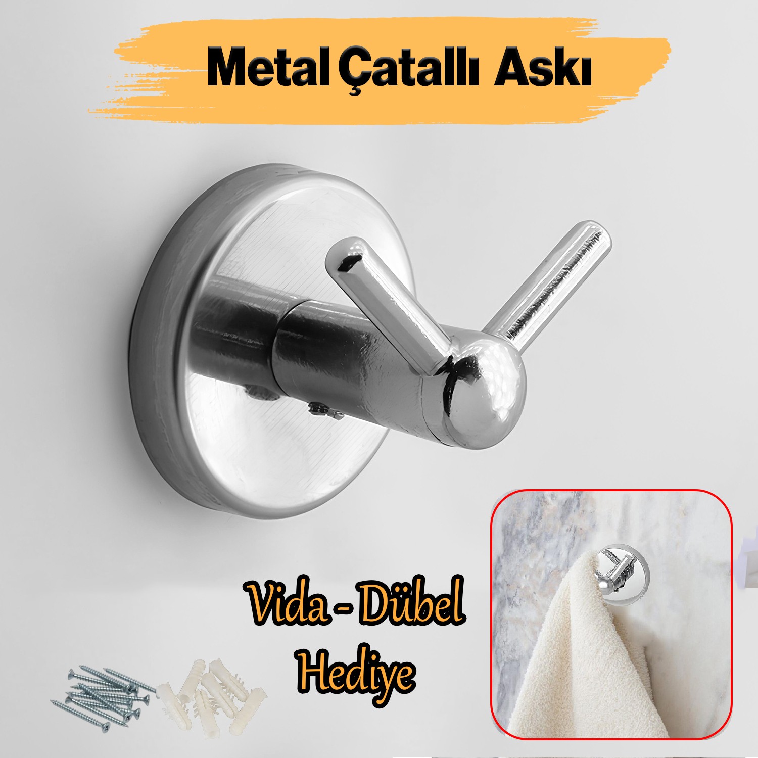 Vidalı Banyo Lavabo Askısı Çatal 2'li Askılık Krom Renk Metal Sağlam Aparat Bornoz Havlu Asma Askı 