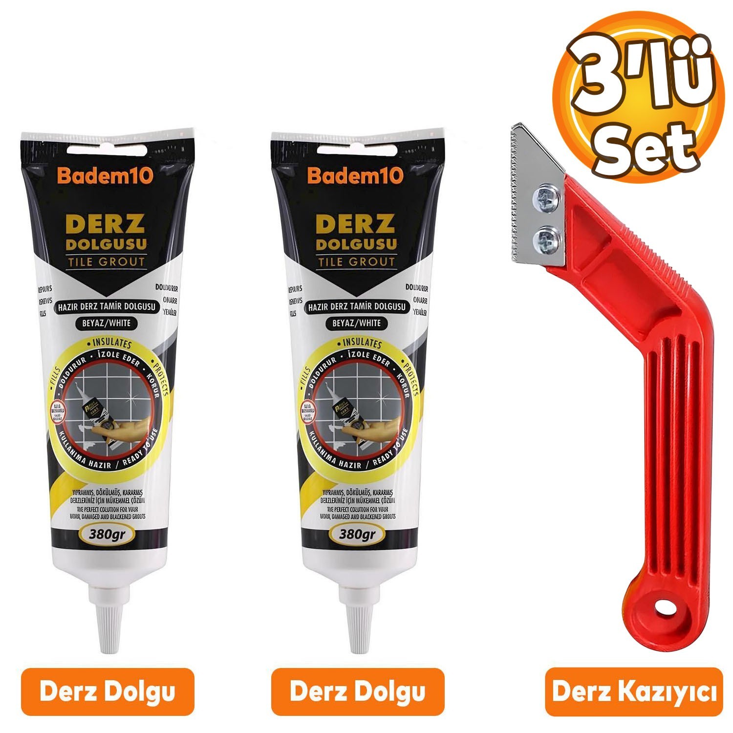 (3'lü SET) Fayans Arası Beyaz Hazır Derz Boyama Dolgusu + Derz Kazıyıcı Temizleyici