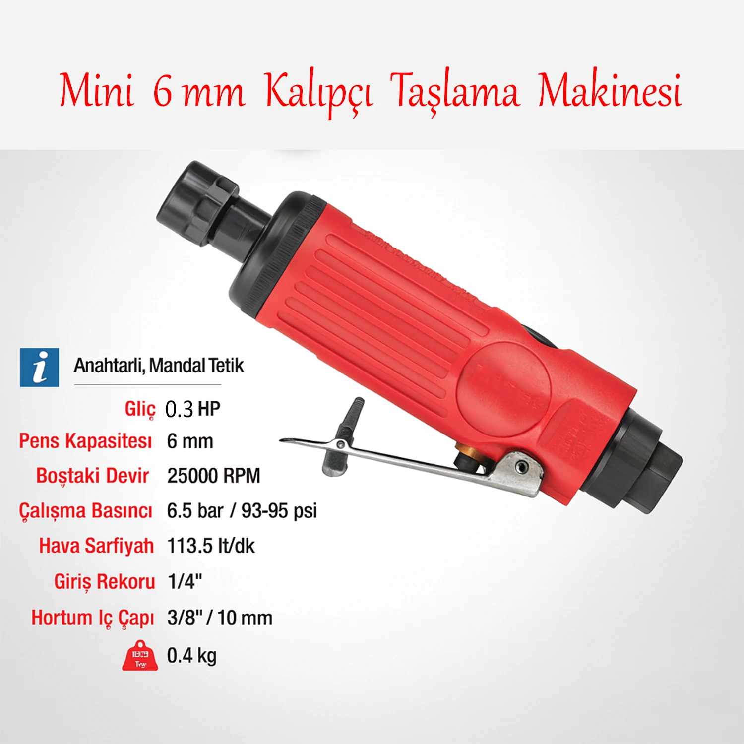 Havalı Kalıpçı Taşlama Makinesi Kompresör Uyumlu Jak Girişli 0.3 HP 25000 Rpm 6.5 Bar 1/4" 6 mm Pens