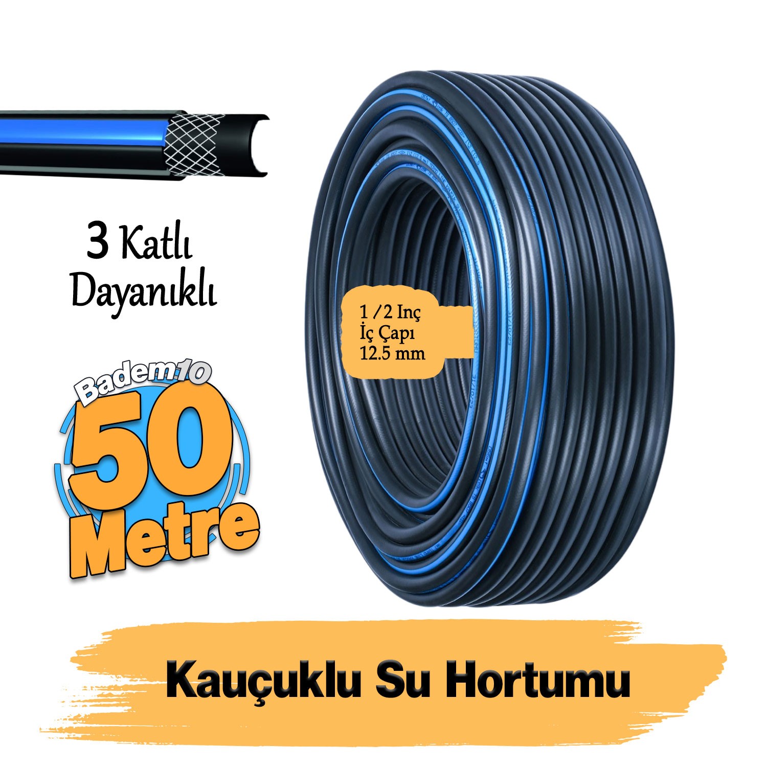 Termo Kauçuklu Bahçe Hortumu 50 Metre Dayanıklı 3 Katlı Sağlam Su Sulama Yıkama Hortum 12.5 mm 1/2"