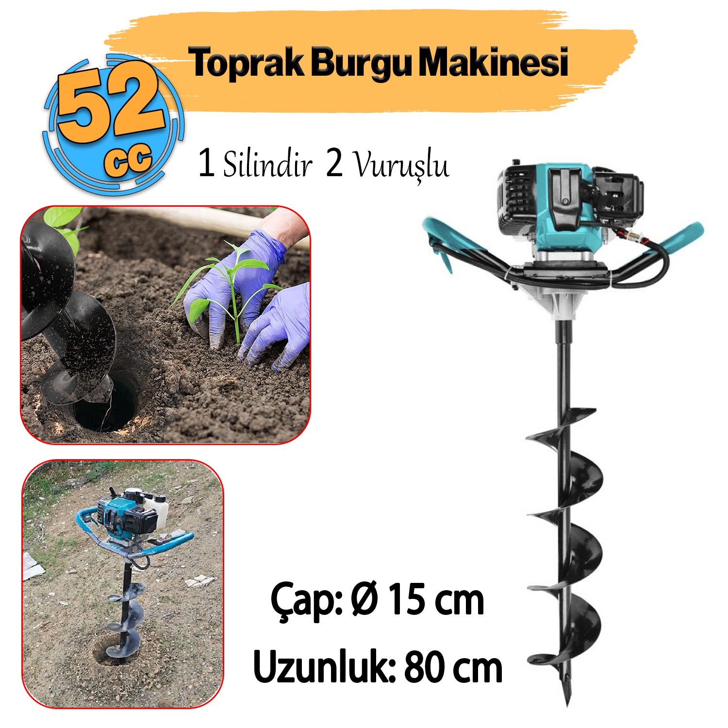 Benzinli Zemin Delme Burgu Makinesi Delik Açma 1.4 KW Fide Dikme Total Toprak Seti 150 mm 800 mm