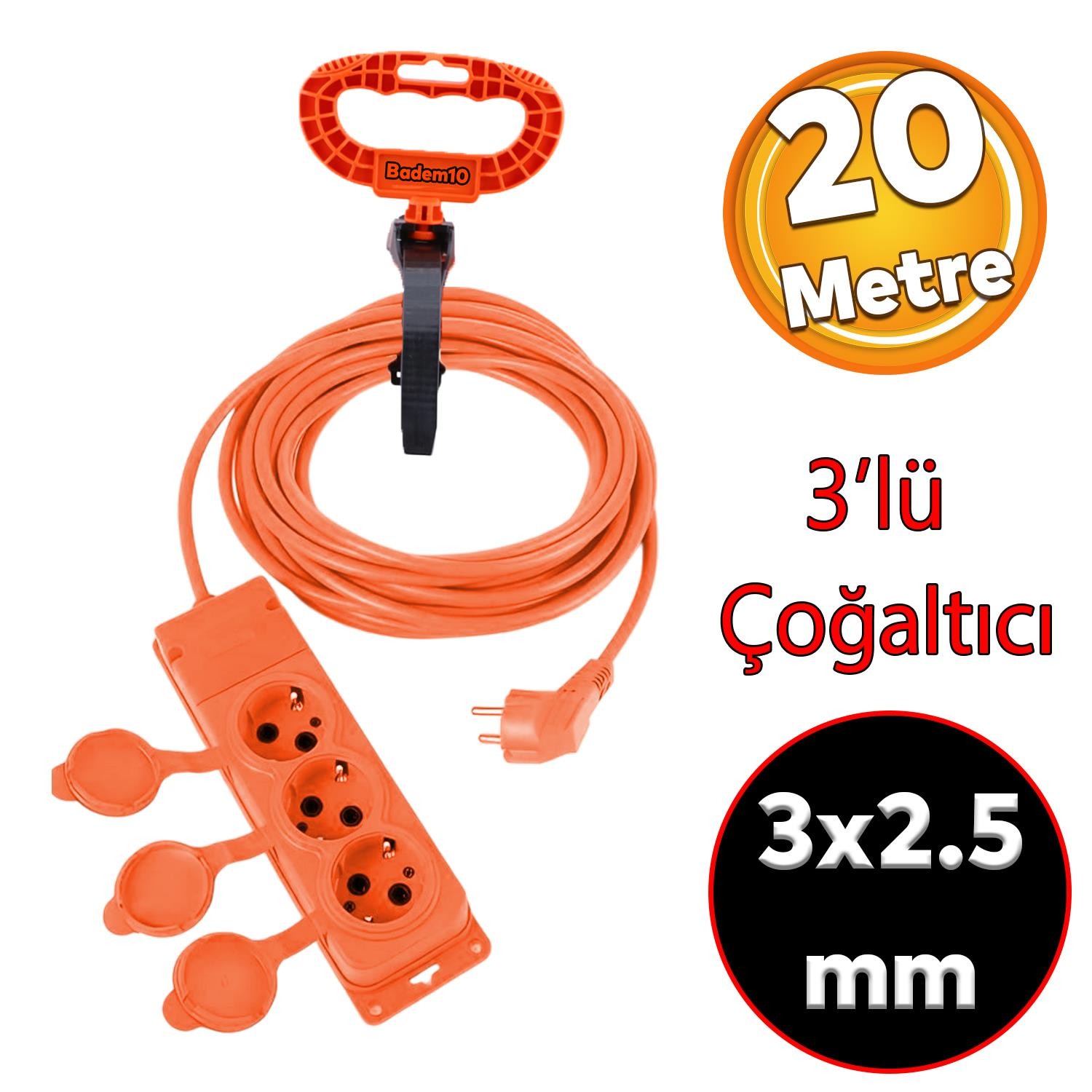 Monofaze CCA Uzatma Kablosu 3x2.5 mm Çoğaltıcı Seyyar Topraklı Kapaklı 3'lü Grup Priz Fiş 20 Metre