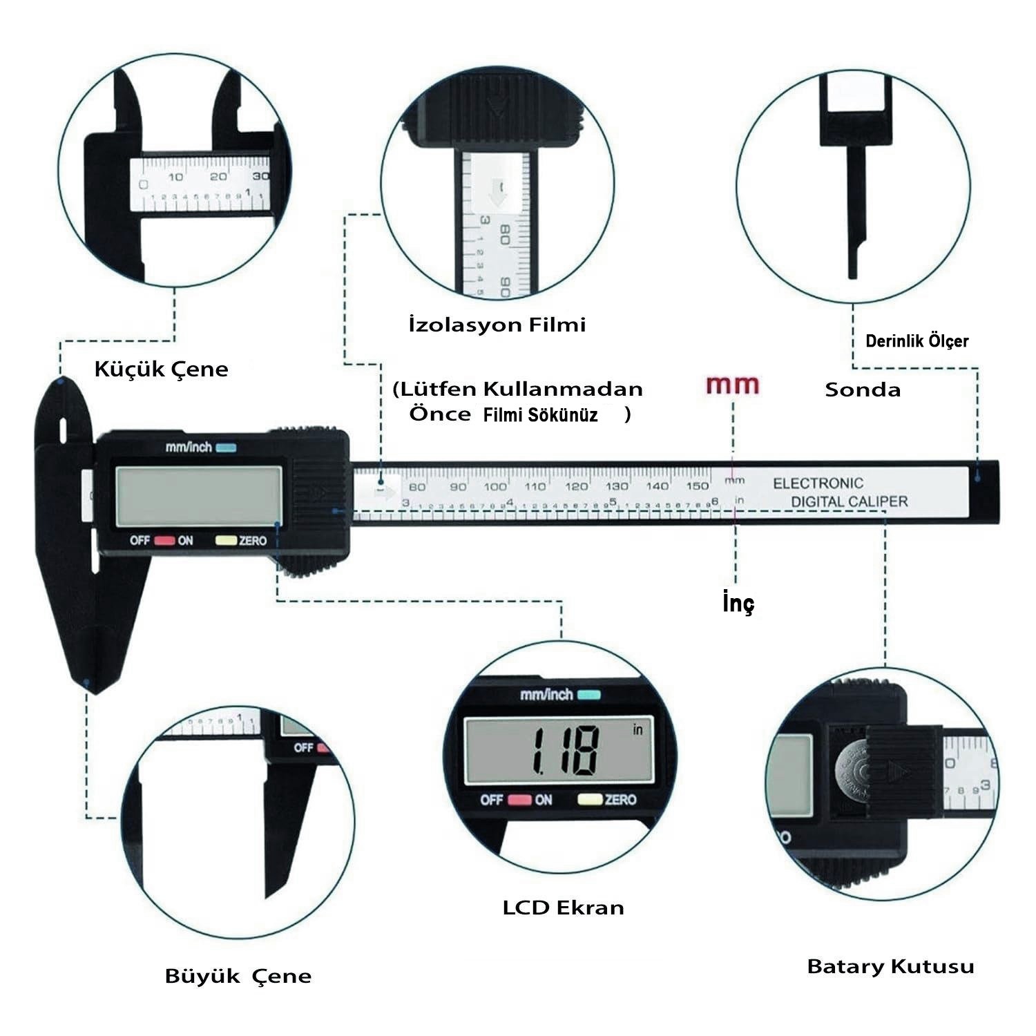 Dijital Kumpas Plastik Çene 150 mm LCD Ekran Lastik Derinlik Çap Ölçme 0.2 mm Hassasiyet İnç Ölçüm