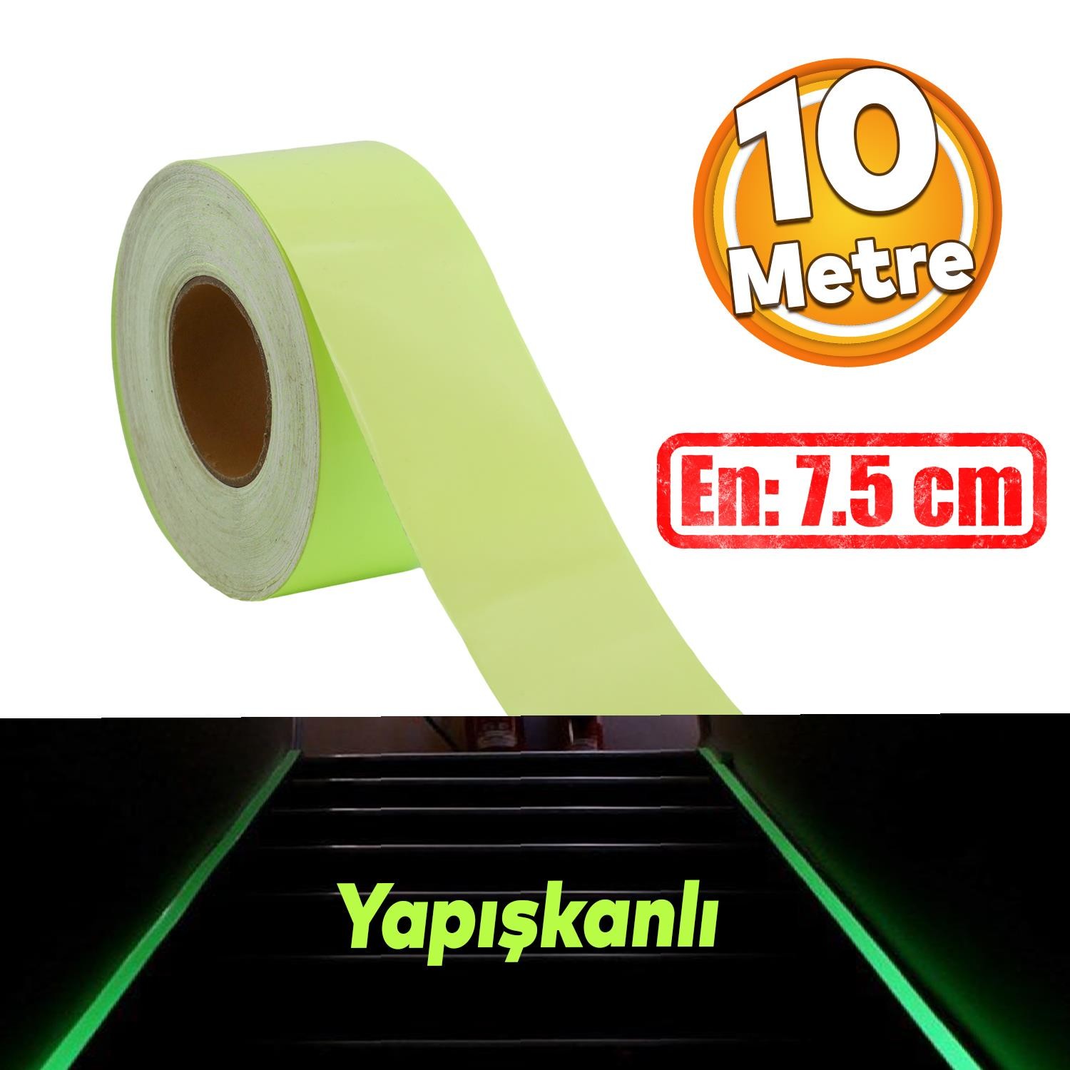 Fotolümen Gece Parlayan 7.5 cm Yeşil Reflektörlü Fosforlu Reflektif Düz Şerit Bant 10 Mt İkaz Bandı