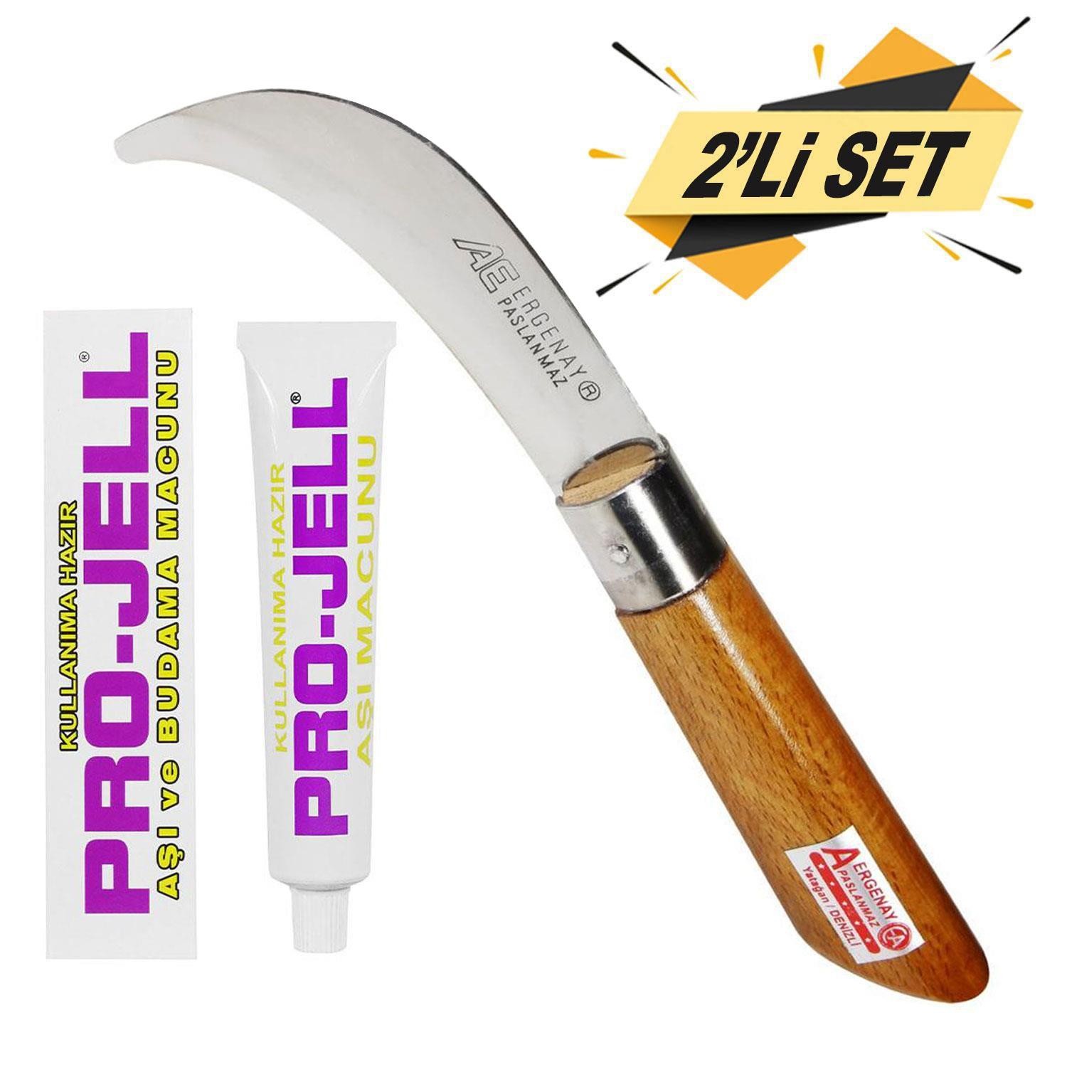 Ergenay Aşı Bıçağı Eğri Uçlu Bağ Bıçağı Ara Çakı + Aşı Macunu (2'Li SET)