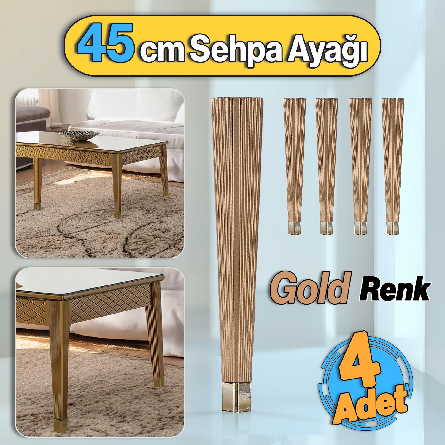 Sehpa Ayağı 45 cm Elit Plastik Gold Altın Renk Ayak Mobilya Ayak Zigon Mutfak Yemek Masası 4 Adet