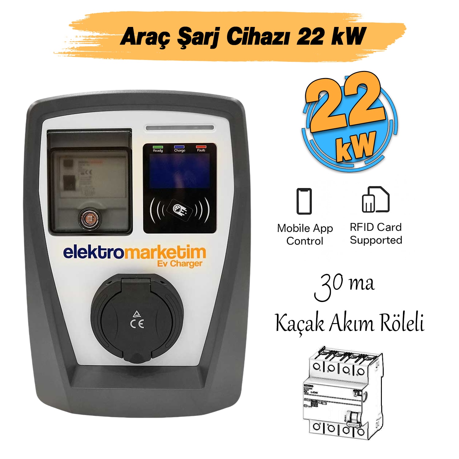 Elektrikli Wallbox Araç Şarj İstasyonu EMEV 22 kW 3 Faz Type-2 Soket Duvar Tip Mobil Uygulama RFID