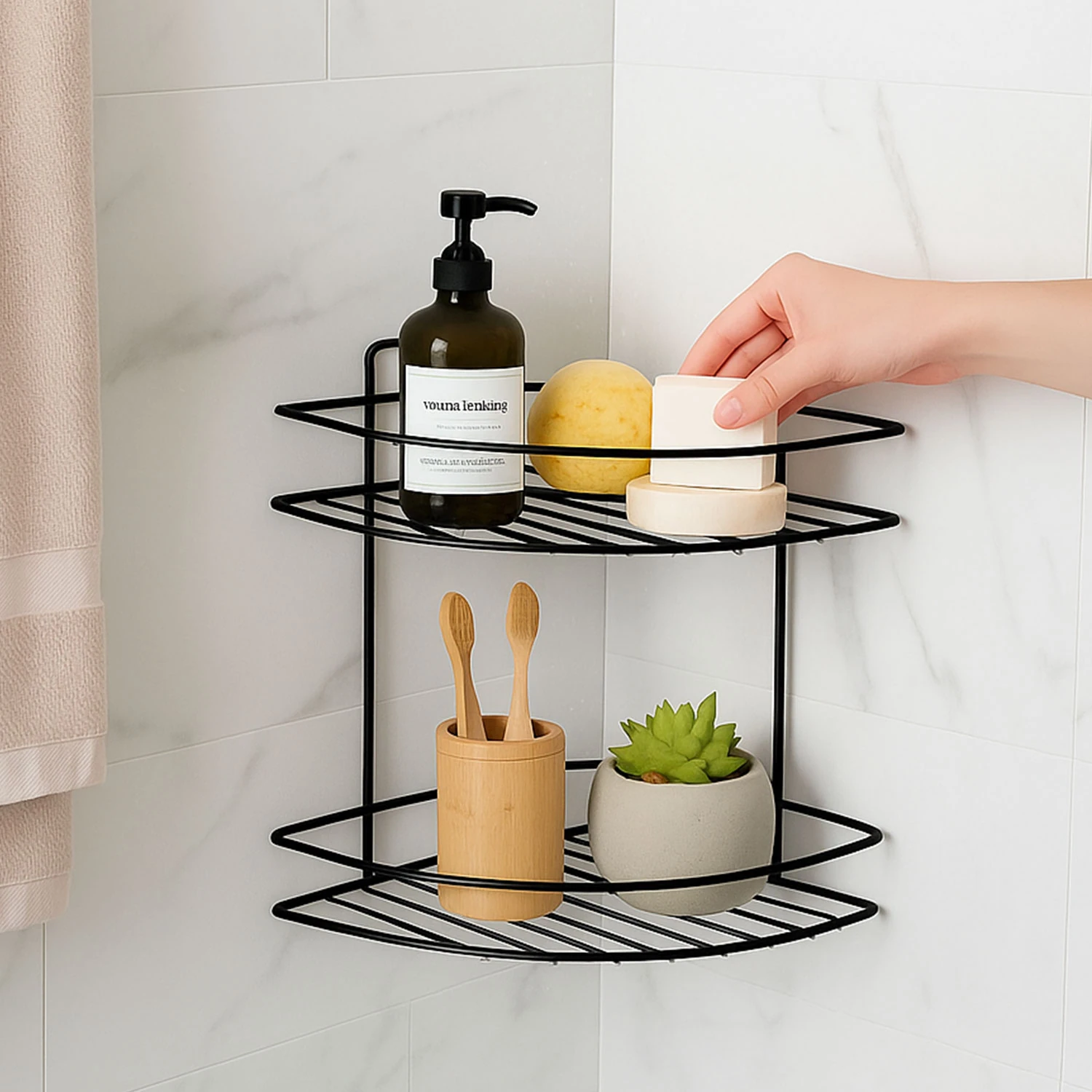 Siyah İki Katlı Vidalı Duş Şampuanlık Köşe Rafı Banyo Organizeri Askılı Şampuanlık Düzenleyici