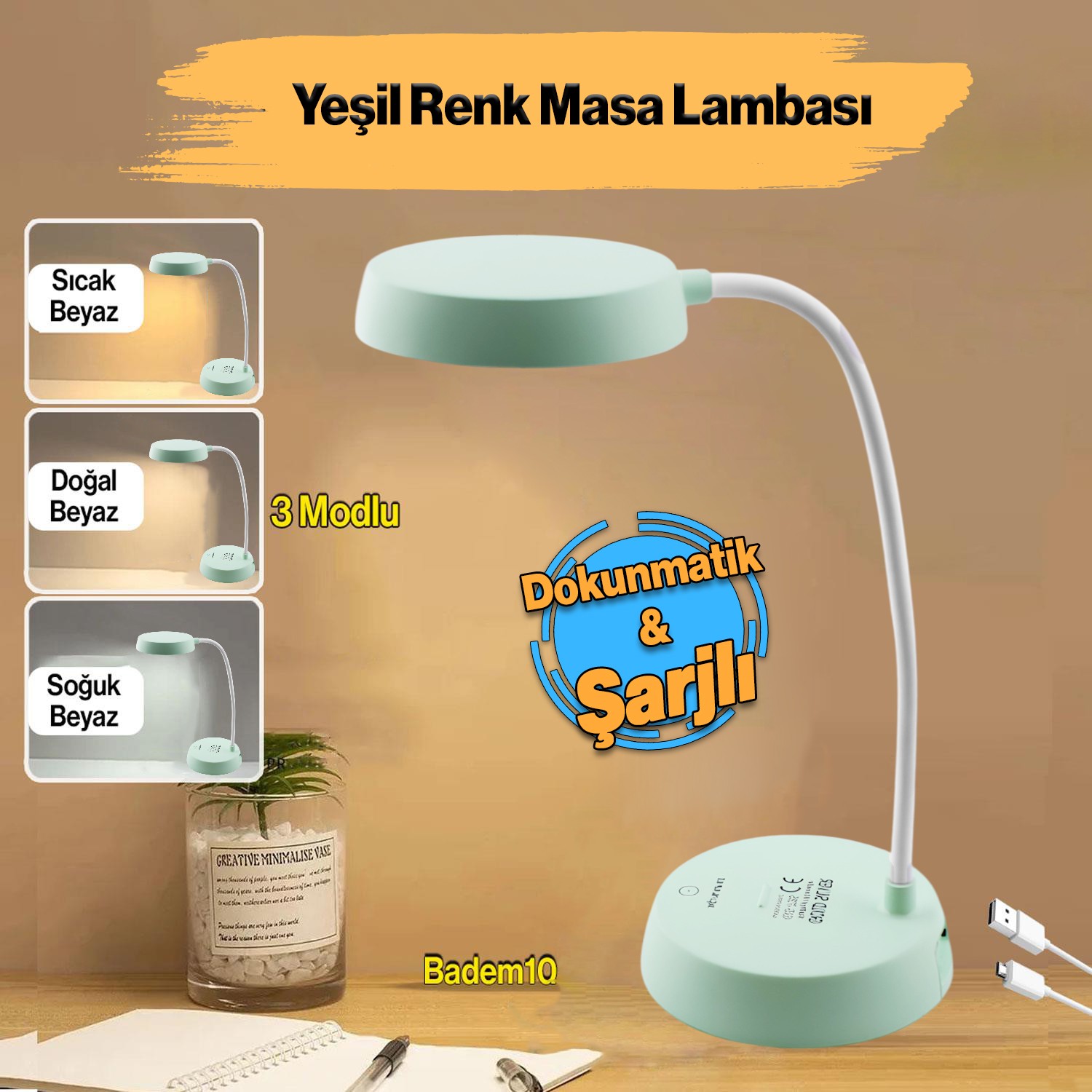 Şarjlı Akrobat 360° Masa Üstü Yeşil Renk Lamba 3 Kademe Dokunmatik Çalışma Okuma Işığı Soft Işık