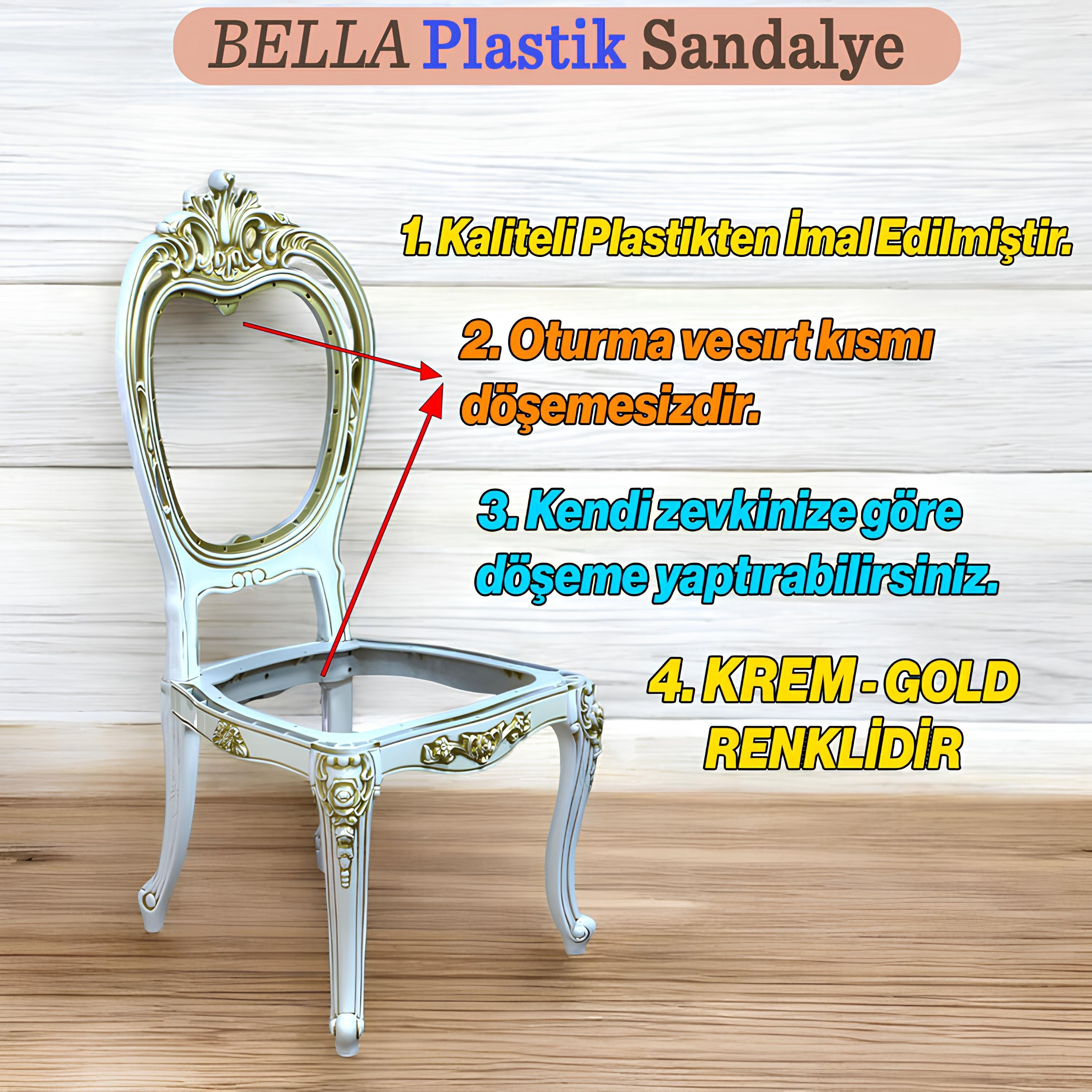 Bella Sandalye Sert Plastik Krem Altın Gold Koltuk Bahçe Balkon Mutfak Yemek Masası Sandalyesi