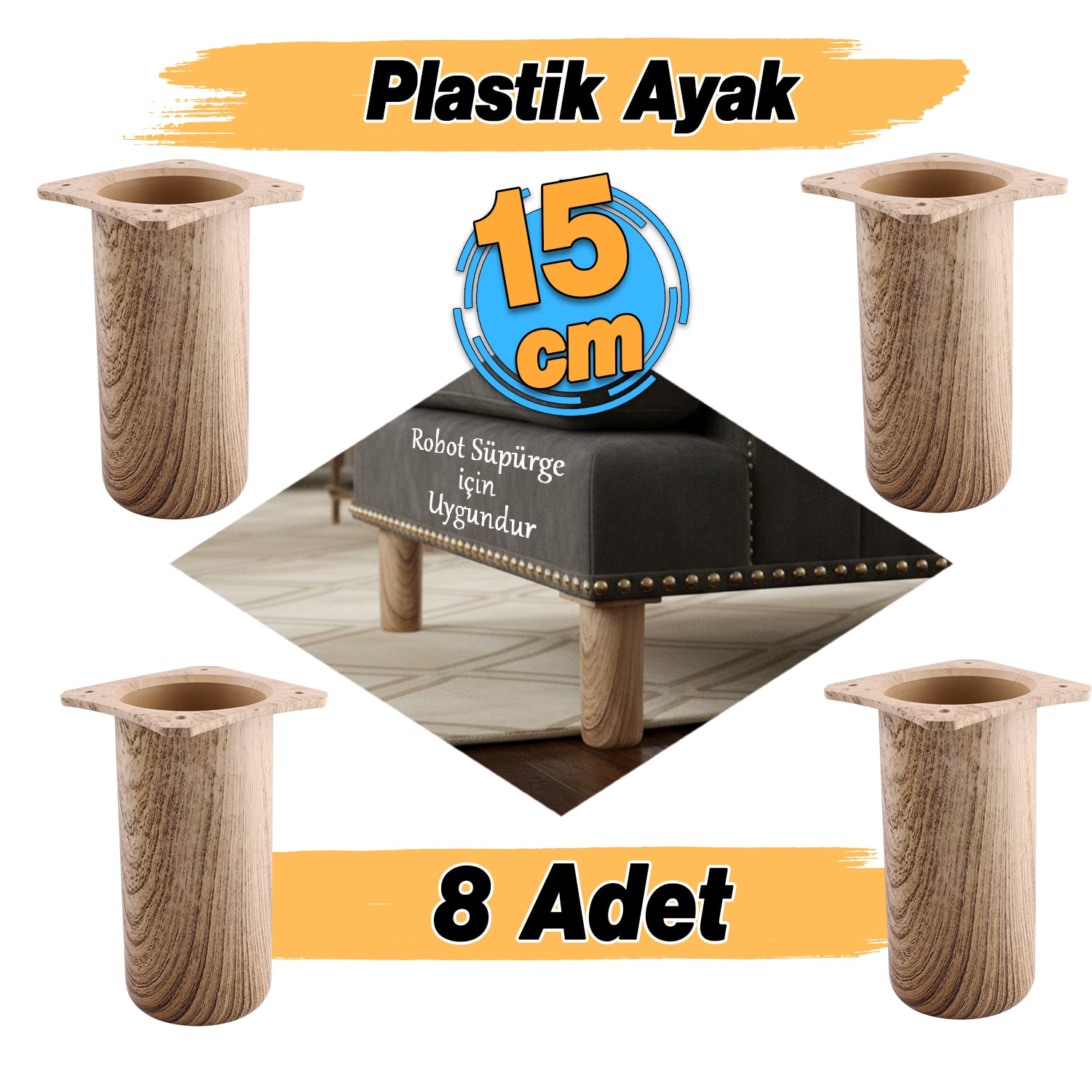 (8 Adet) Plastik Liva Doğal Meşe 15 cm Ayak Mobilya Kanepe Koltuk Baza Yükseltme Ayağı Ayakları
