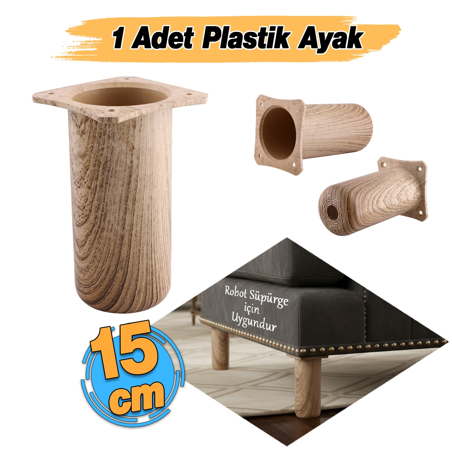 Plastik Liva Doğal Meşe 15 cm Mobilya Kanepe Koltuk Baza Yükseltici Yükseltme Ayağı Ayakları