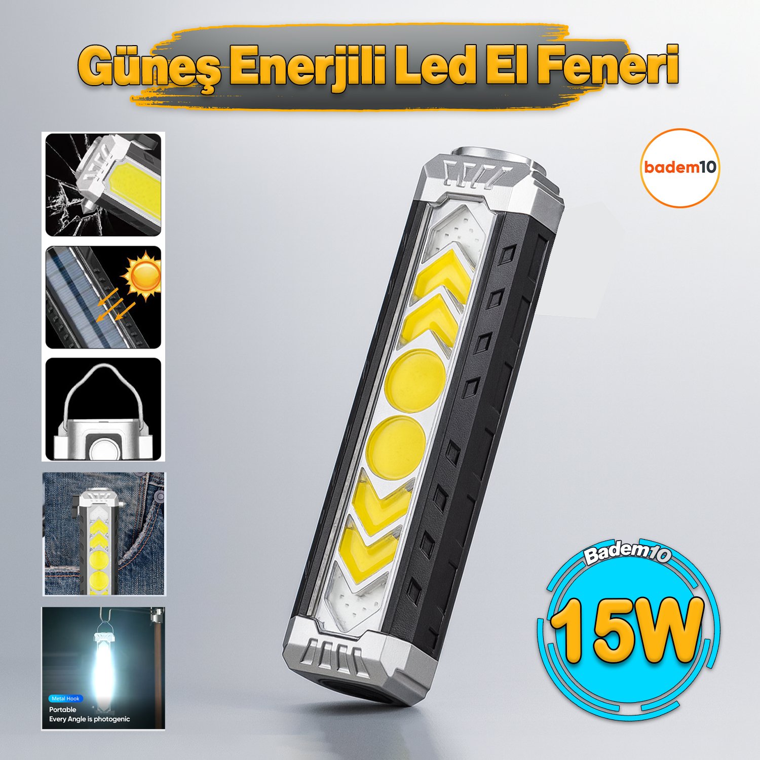 El Feneri Güneş Enerjli Ledli 15W Şarjlı Mıknatıslı Askılı Kamp Taktik El Feneri Su Geçirmez