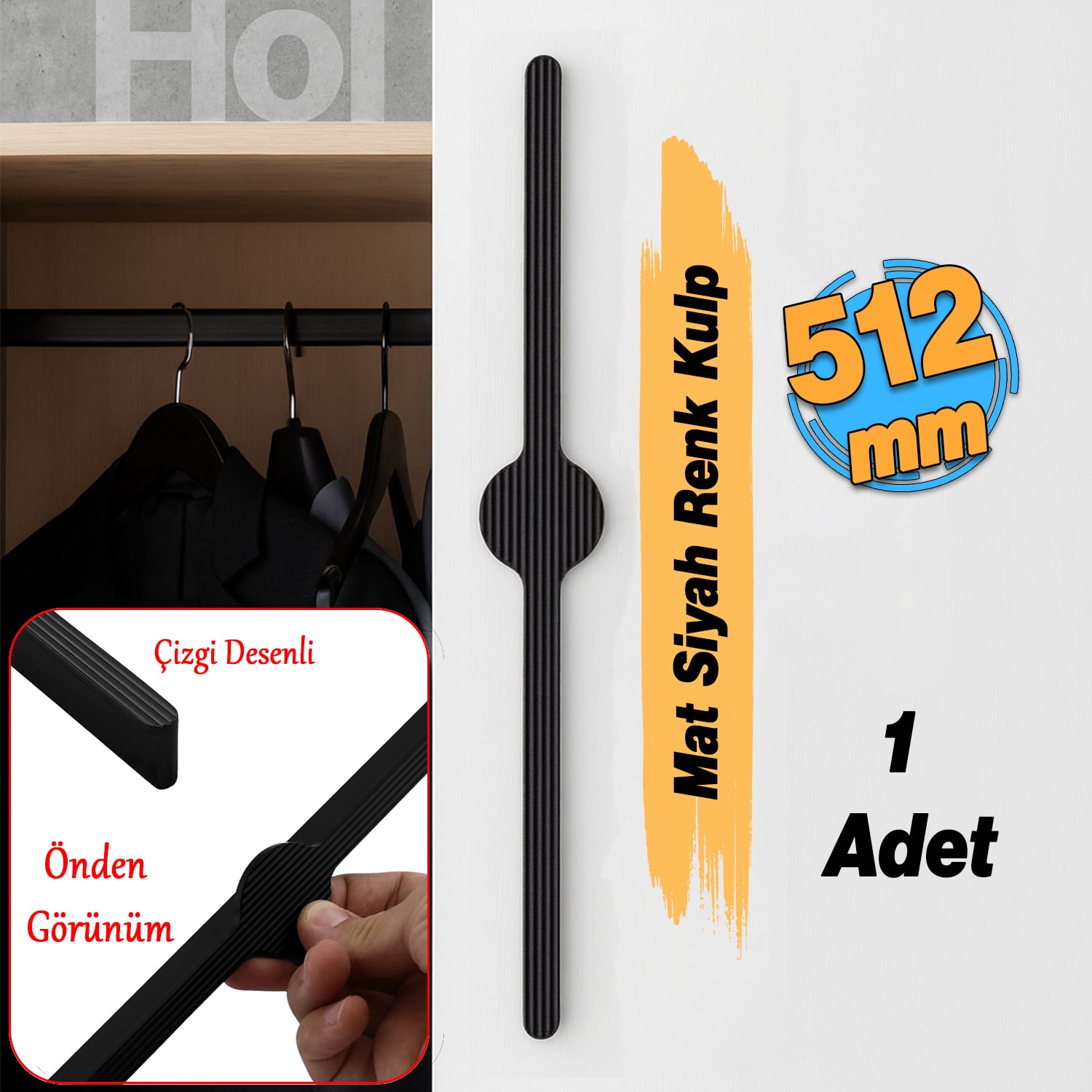 Saral Çizgili Mat Siyah Metal Kulp 512 mm 51.2 cm Mobilya Çekmece Mutfak Dolabı Dolap Kapak Kulplar
