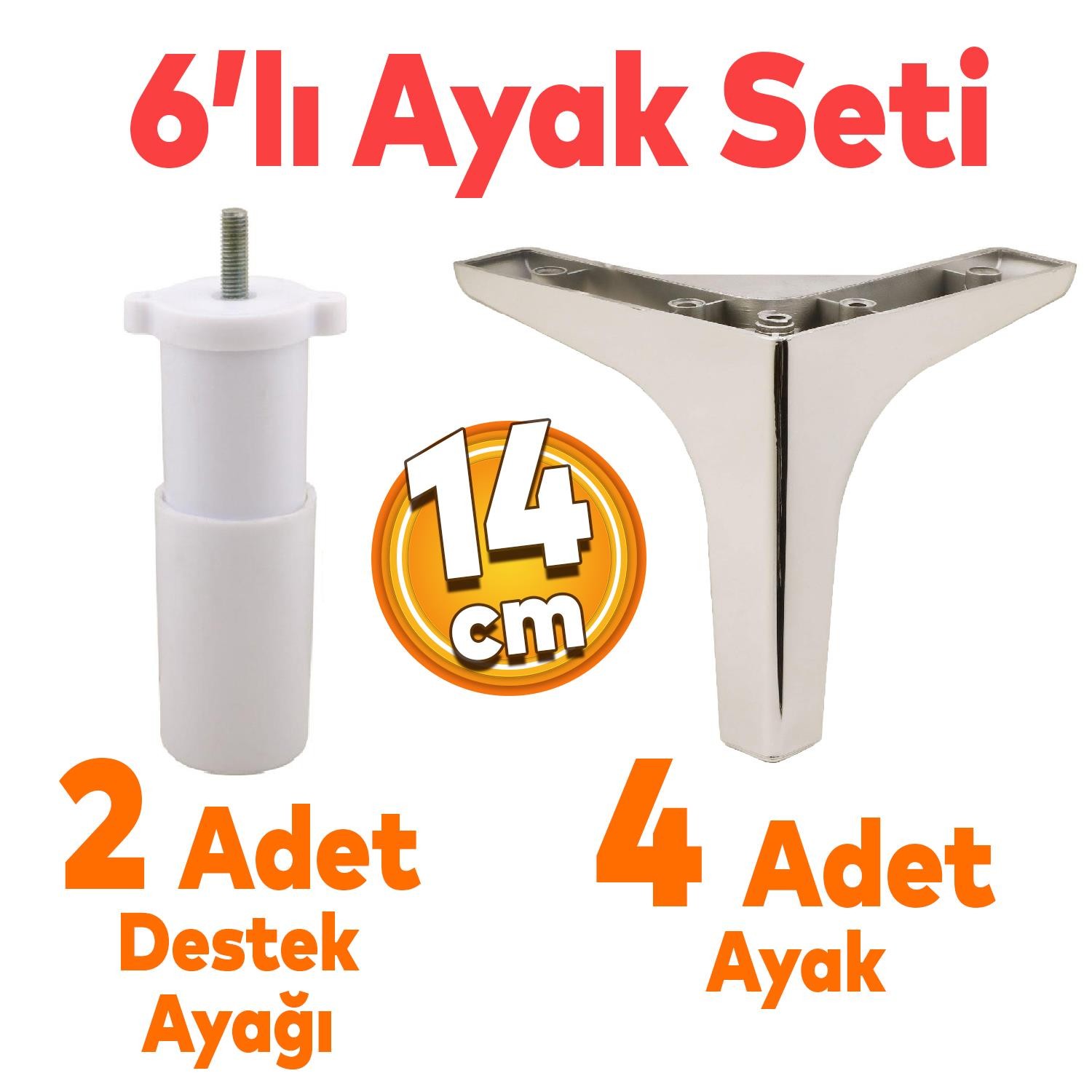 Sedef 6'lı Set Mobilya TV Ünitesi Çekyat Koltuk Kanepe Destek Ayağı 14 cm Krom Baza Ayak M8 Destek