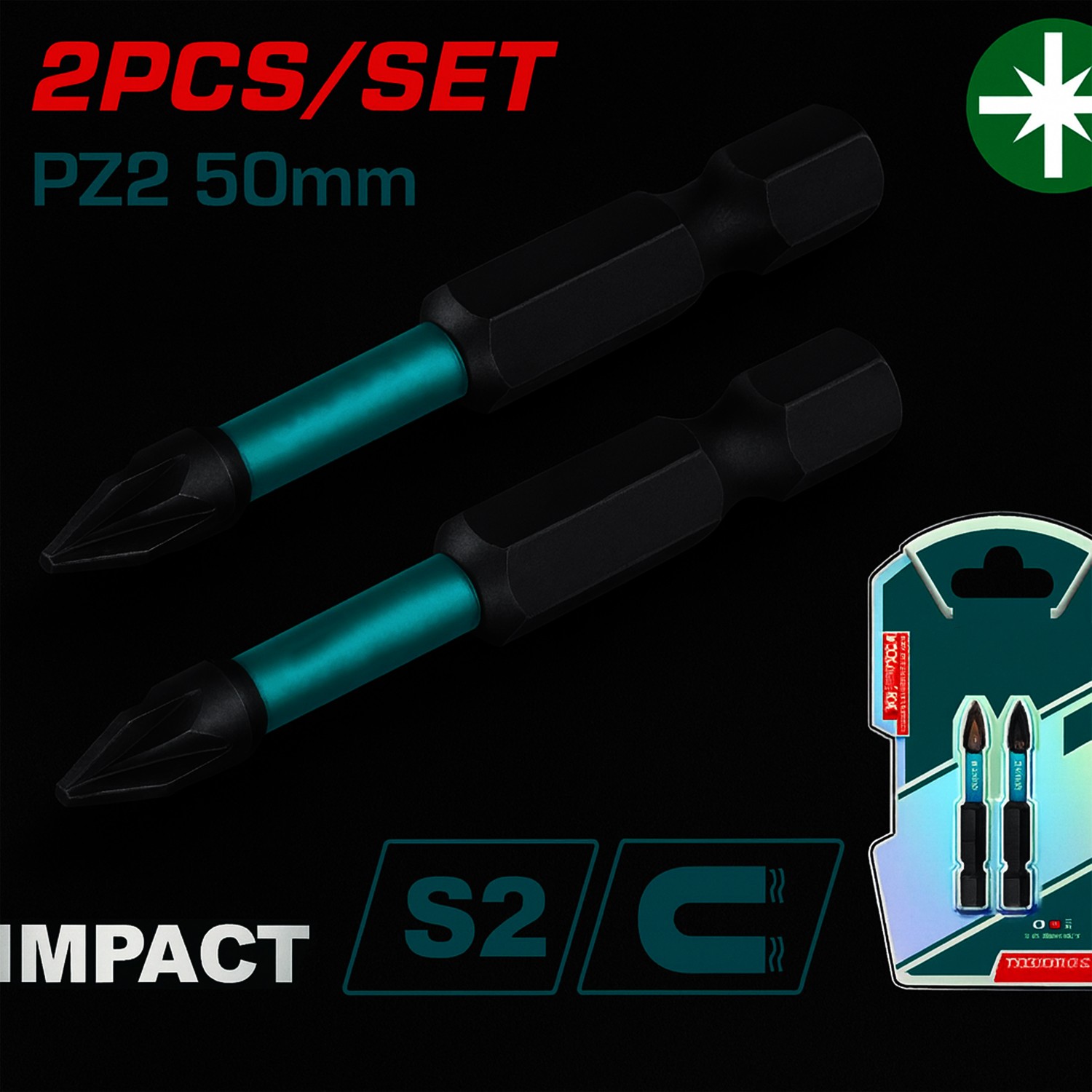 Pozidriv Uç (2 Adet) Mıknatıslı Bits Pz2 50 mm Vida Sökme 5 Cm Yıldız Matkap Vidalama Ucu S2 Çeliği