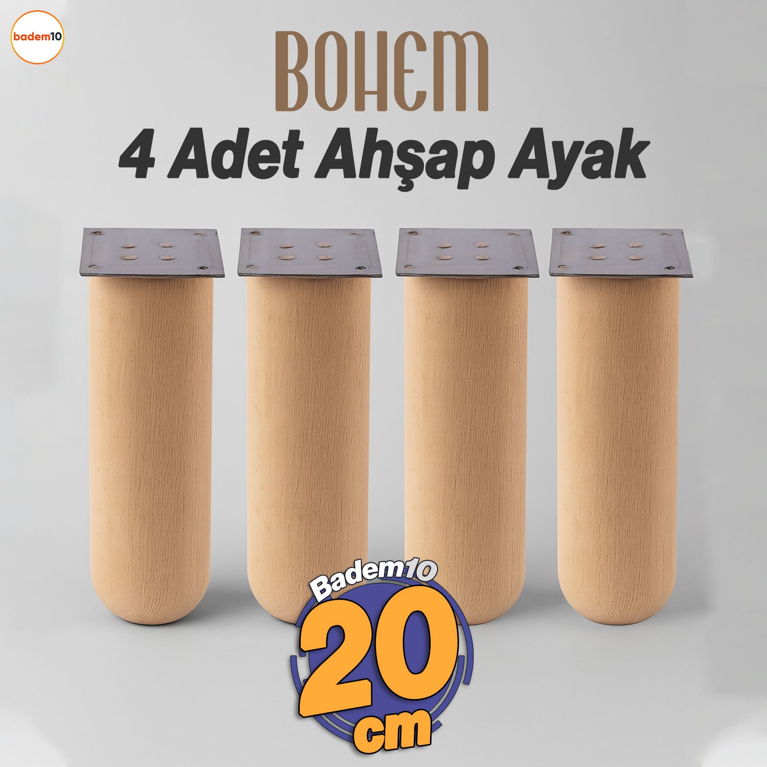 Bohem 4 ADET Doğal Ahşap Silindir Ayak 20 cm Set Mobilya Koltuk Kanepe Sehpa Masa Ayağı Ayakları