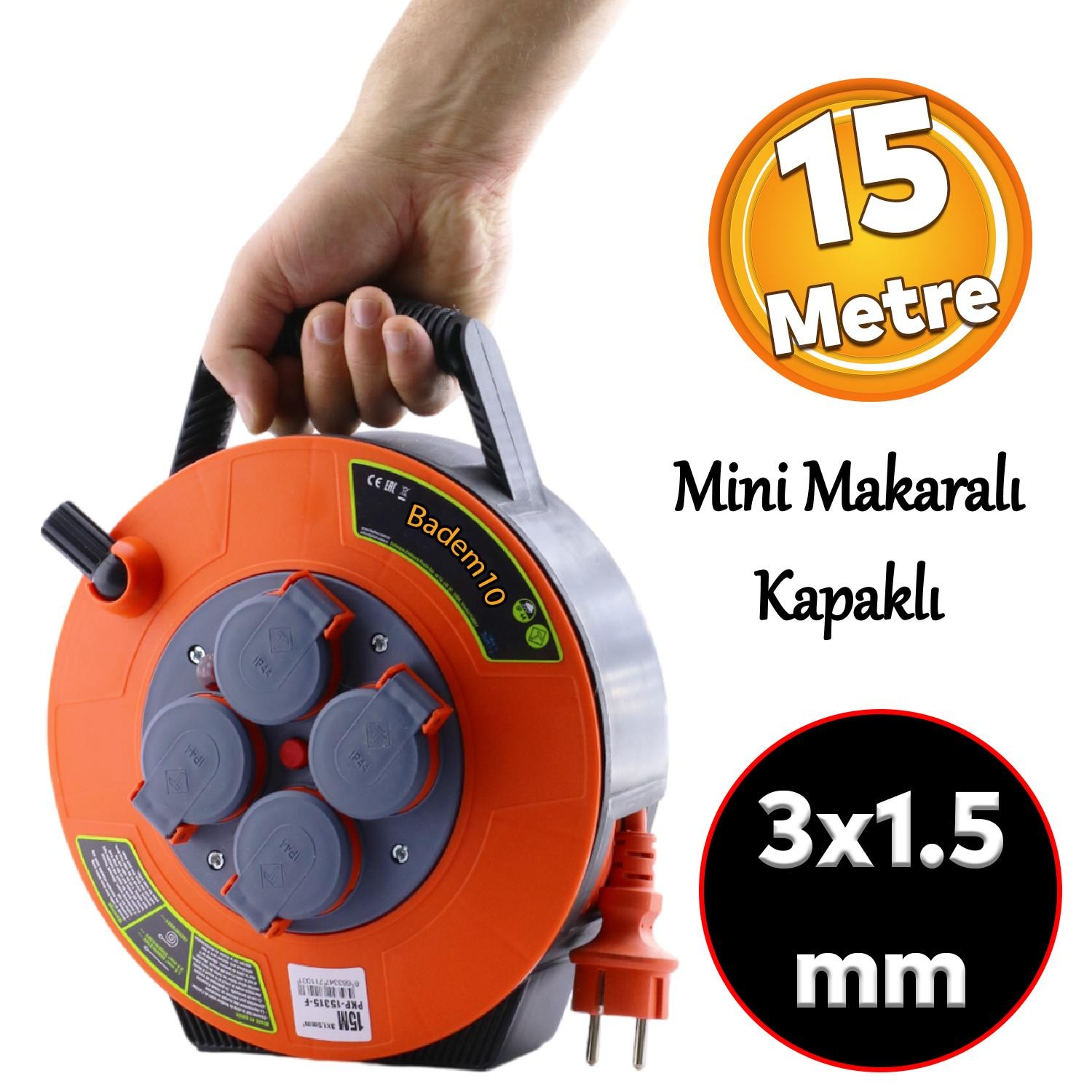 Plastik Kapaklı Mini Makaralı Seyyar 3x1.5 mm CCA Monofaze Uzatma Kablosu 4 Priz TTR Kablo 15 Metre