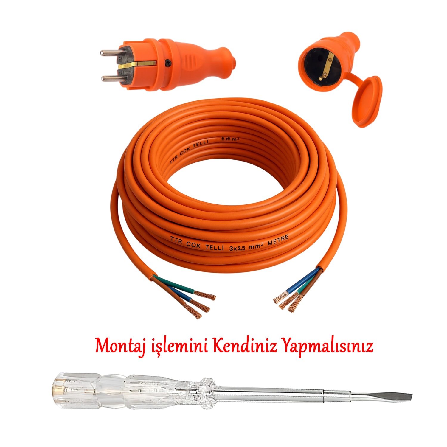 Seyyar 10 Metre Uzatma Kablosu TTR CCA Çok Telli 3x2.5 mm Elektrik Kablo Kontrol Kalem Dişi Erkek Fiş