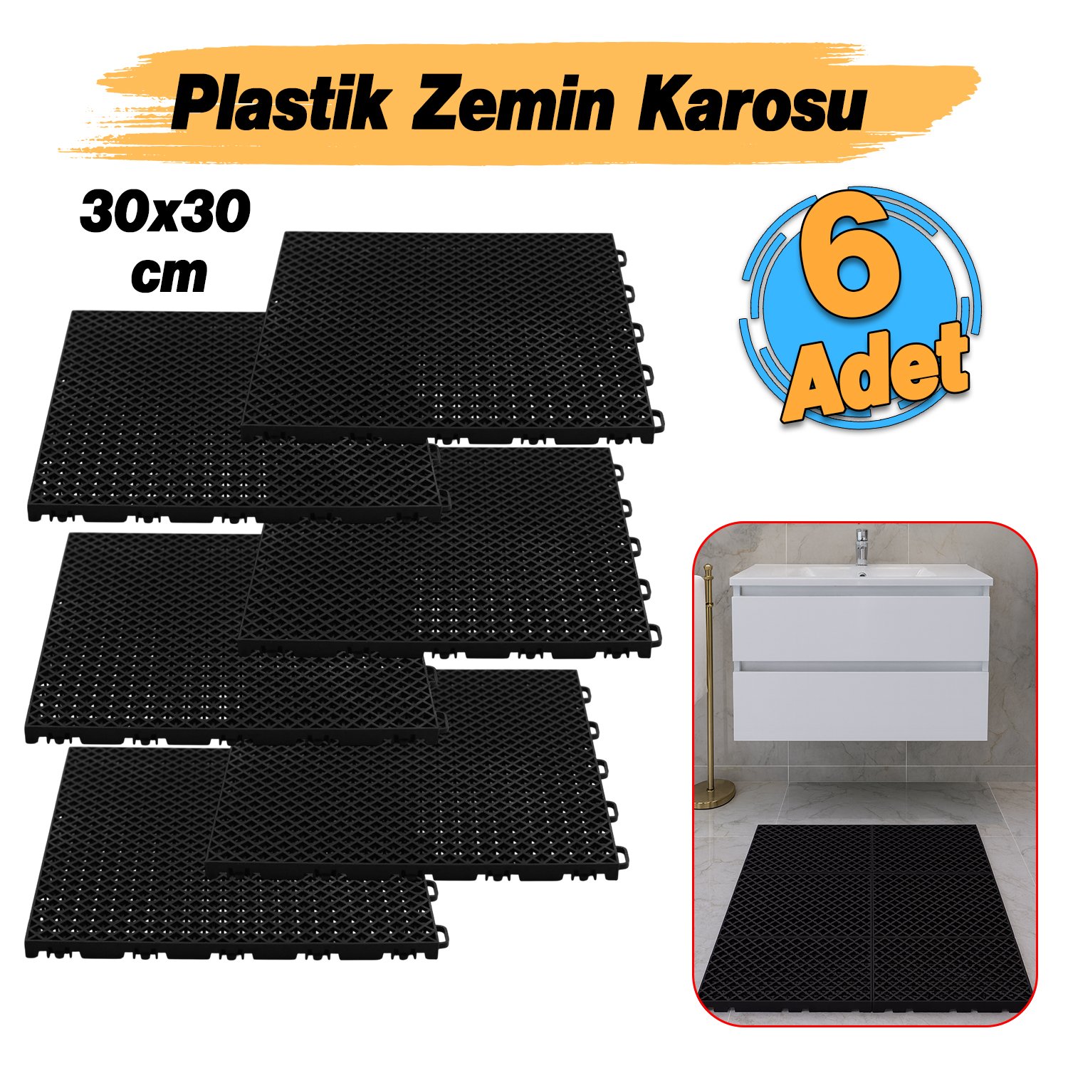 Plastik Karo Banyo Wc Lavabo Tuvalet Zemin Izgarası 30x30 cm Siyah Renk 6 Adet Kaydırmaz Izgara