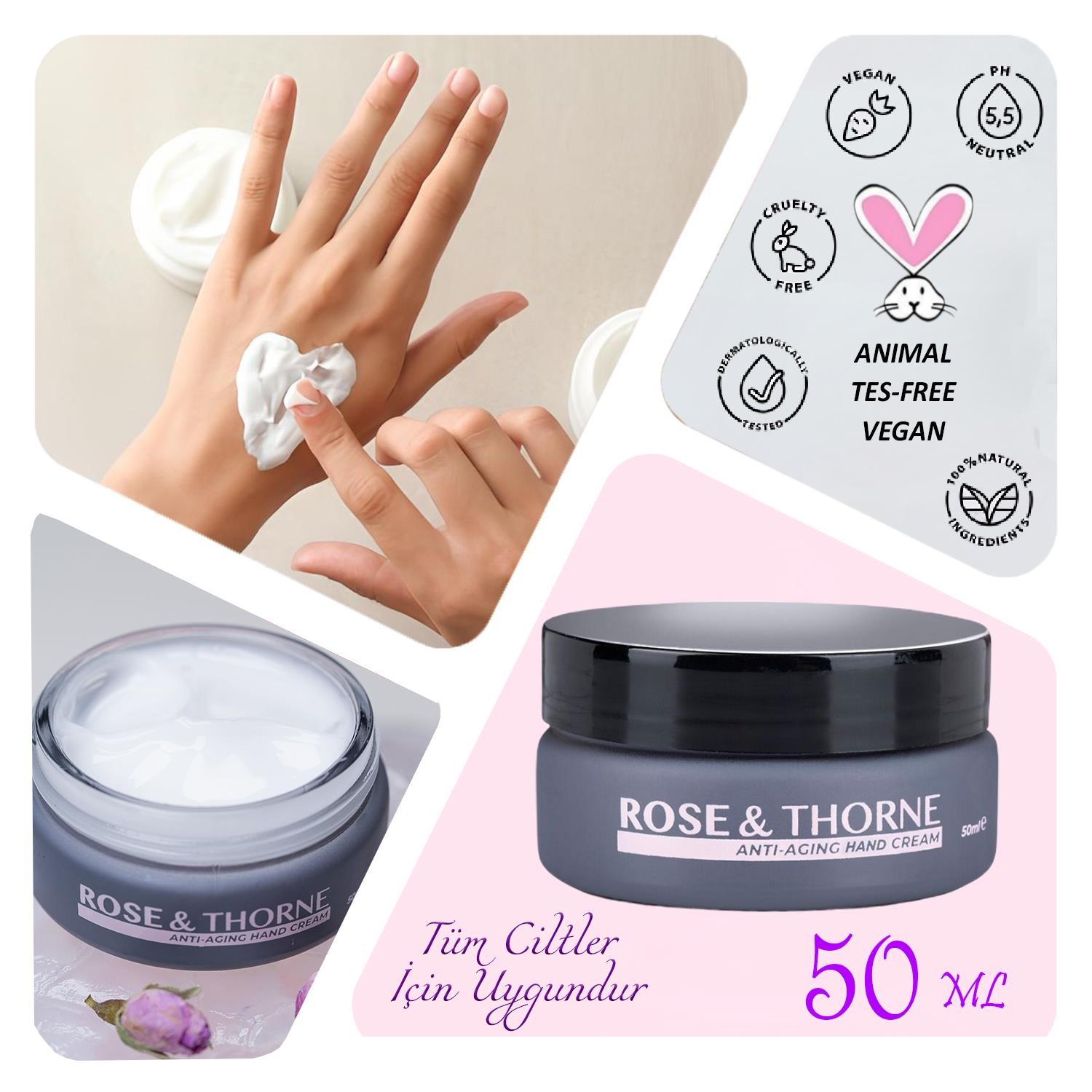 Rose Thorne 50 Ml Yaşlanma Karşıtı El Bakım Kremi Nemlendirici Argan Yağı Hyalüronik Asit Kolajen