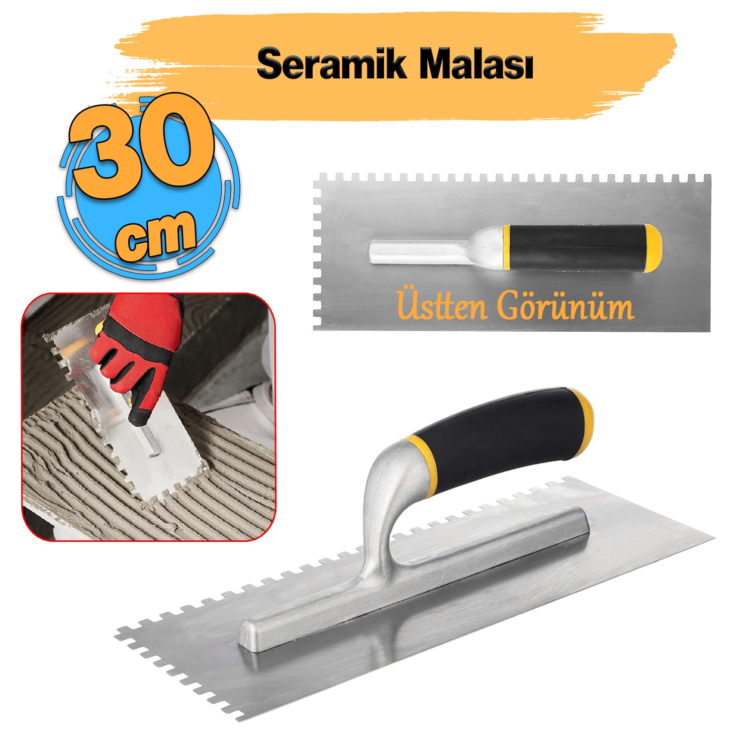 Metal Seramik Malası 30 cm Plastik Saplı Harç Derz Sıva Yüzey Düzleştirme Fugas Malası Saten 1 Adet