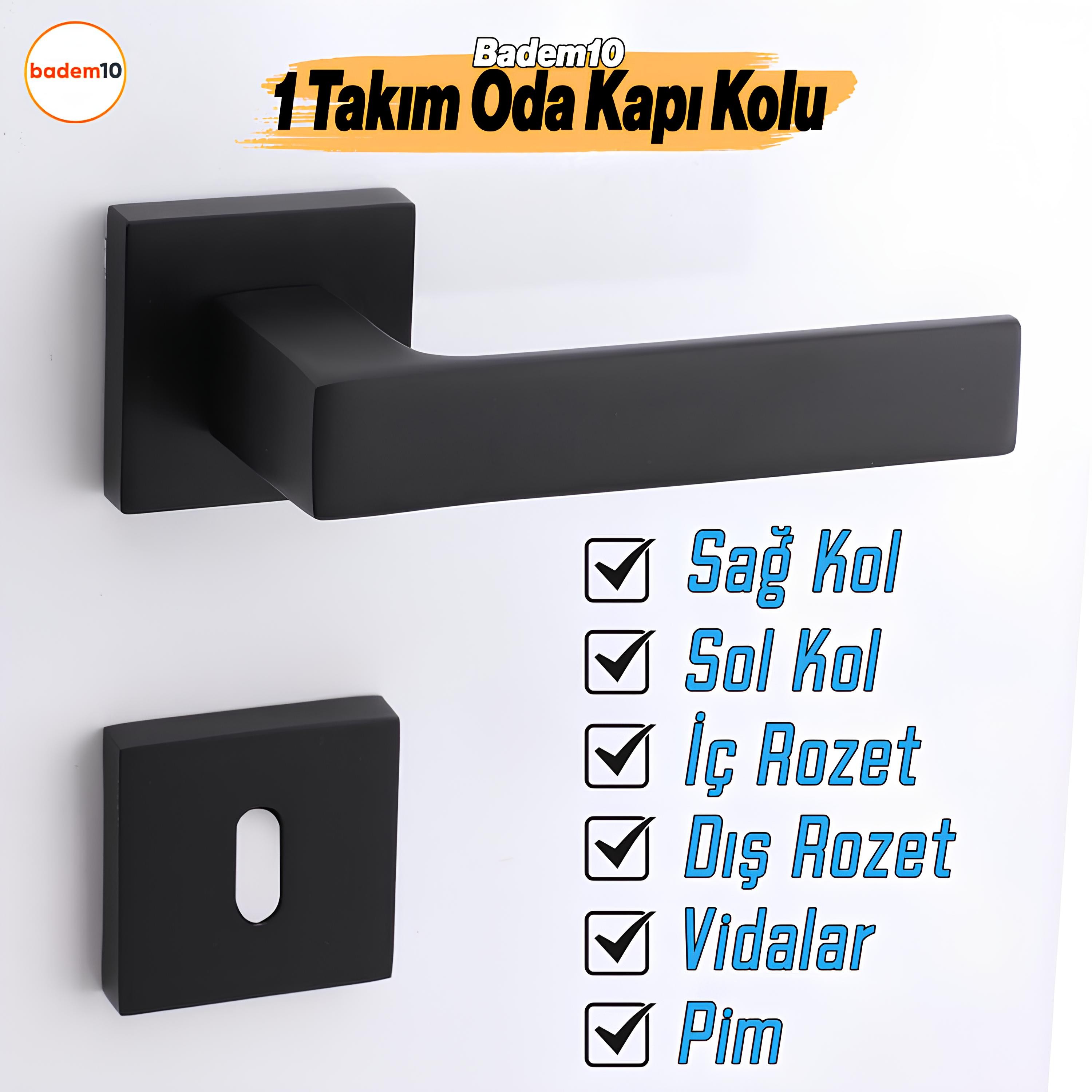 Paytak Oda Siyah Kapı Kolu Kare Rozetli Sağa Sola Uygun İç Dış Ev Oda Kapısı Kilitlenebilir 1 Takım