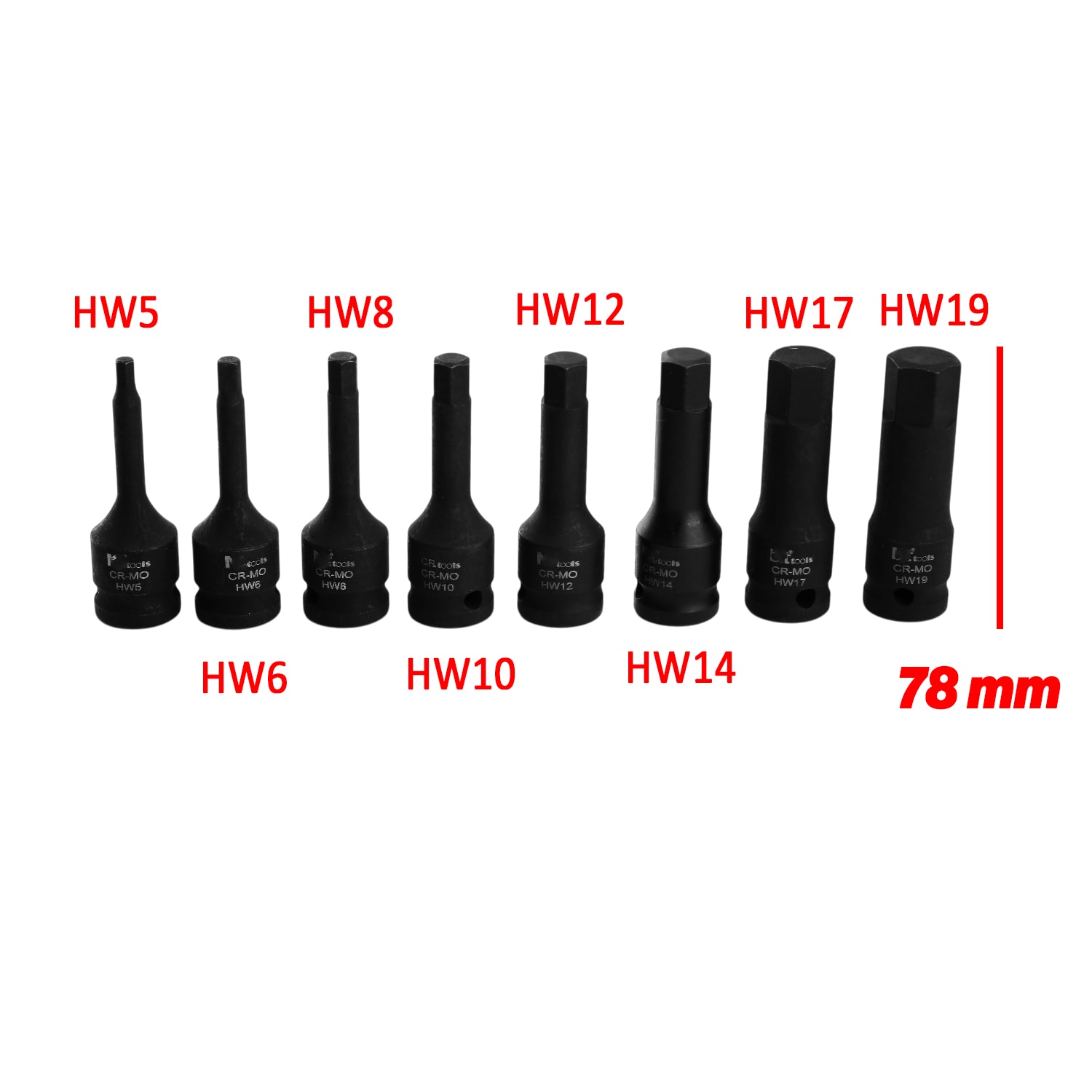 Allen Bits Lokma Seti 8 Parça 1/2" CR-MO ÇEliği H5 H6 H8 H10 H12 H14 H17 H19 Uzunluk: 78 mm Altıgen