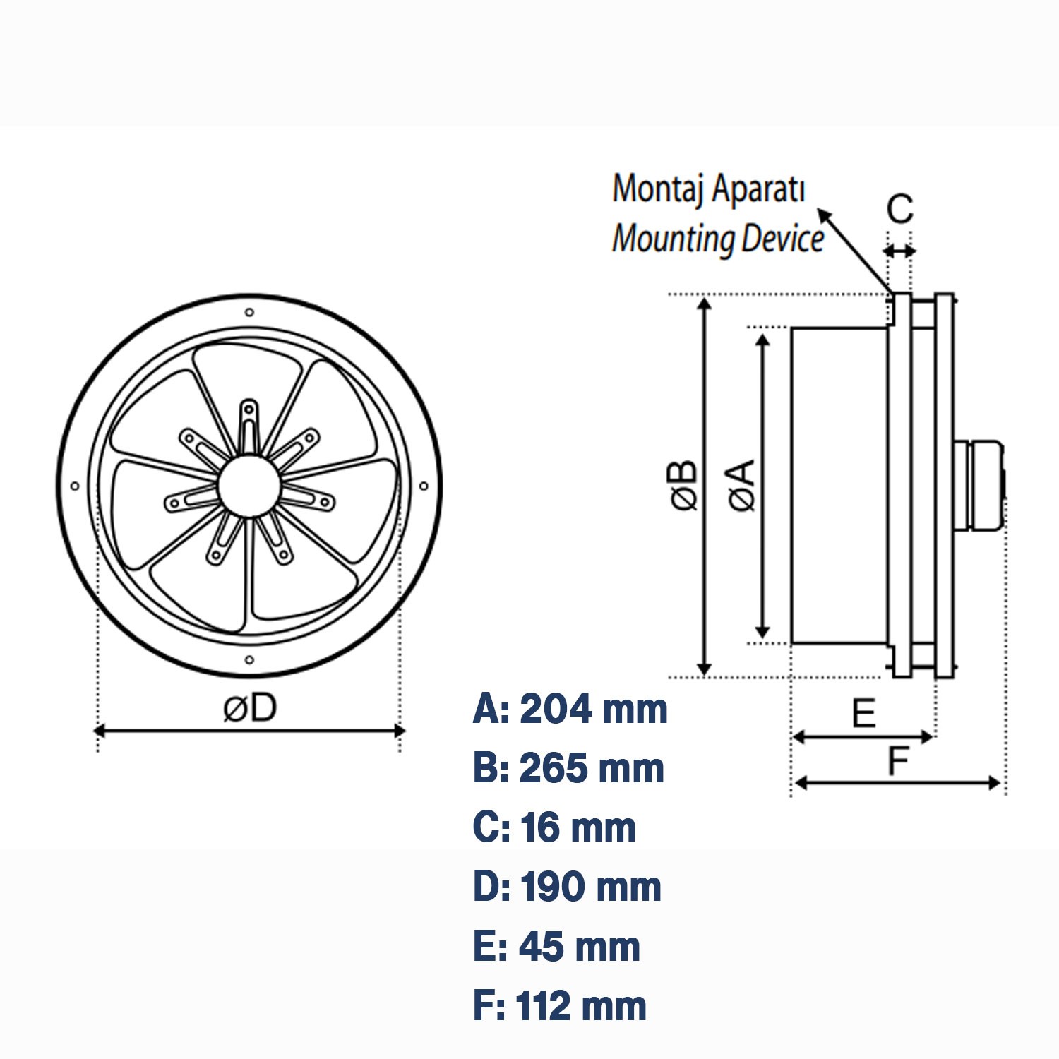 Sessiz Baca Tipi Aspiratör 200 mm Fan Havalandırma Kirli Hava Güçlü Hava Emişli Koku Mutfak Sanayi
