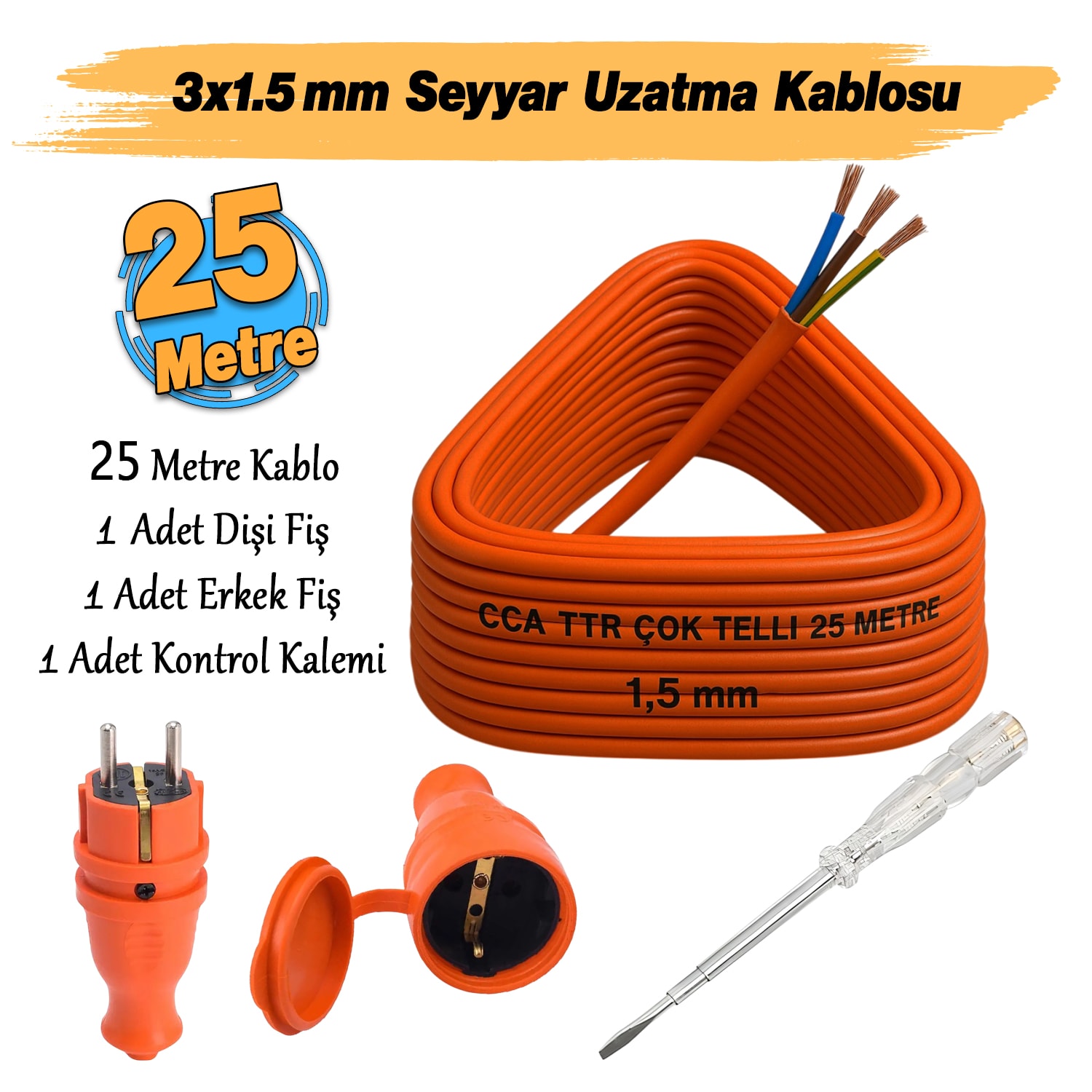 Seyyar 25 Metre Uzatma Kablosu TTR CCA Telli 3x1.5 mm Elektrik Kablo Kontrol Kalem Dişi Erkek Fiş