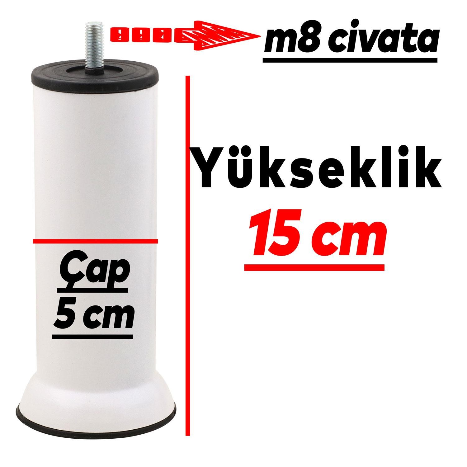 Mobilya Kanepe Koltuk Baza Yatak Destek Yükseltme Ayağı M8 Civata Beyaz Metal Ayakları 15 Cm